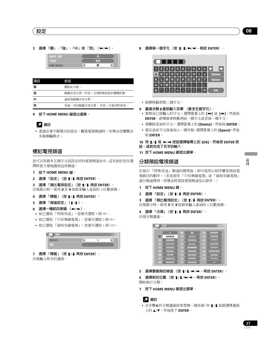 Pioneer PDP-507XG, PDP-427XG manual 標記電視頻道, 分類預設電視頻道, 項目敘述, 選擇 「分類」（按, 出現分類畫面。, 選擇要調換的頻道 （按, 選擇新的位置 （按, ，再按 Enter）。 