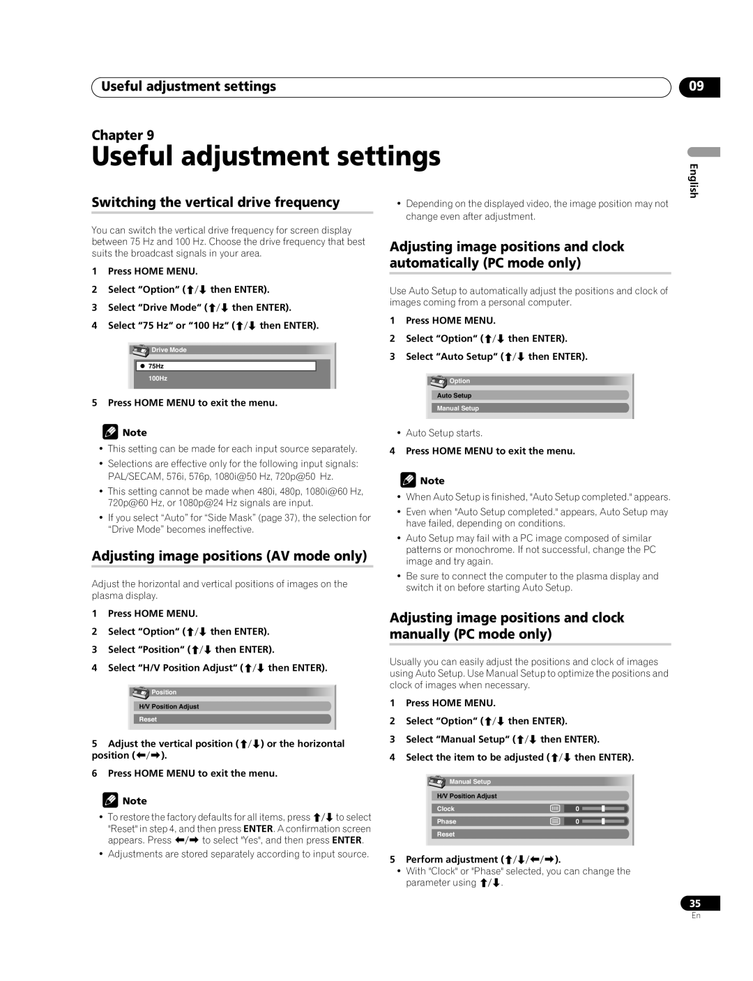 Pioneer PDP-507XG, PDP-427XG manual Useful adjustment settings Chapter, Switching the vertical drive frequency 
