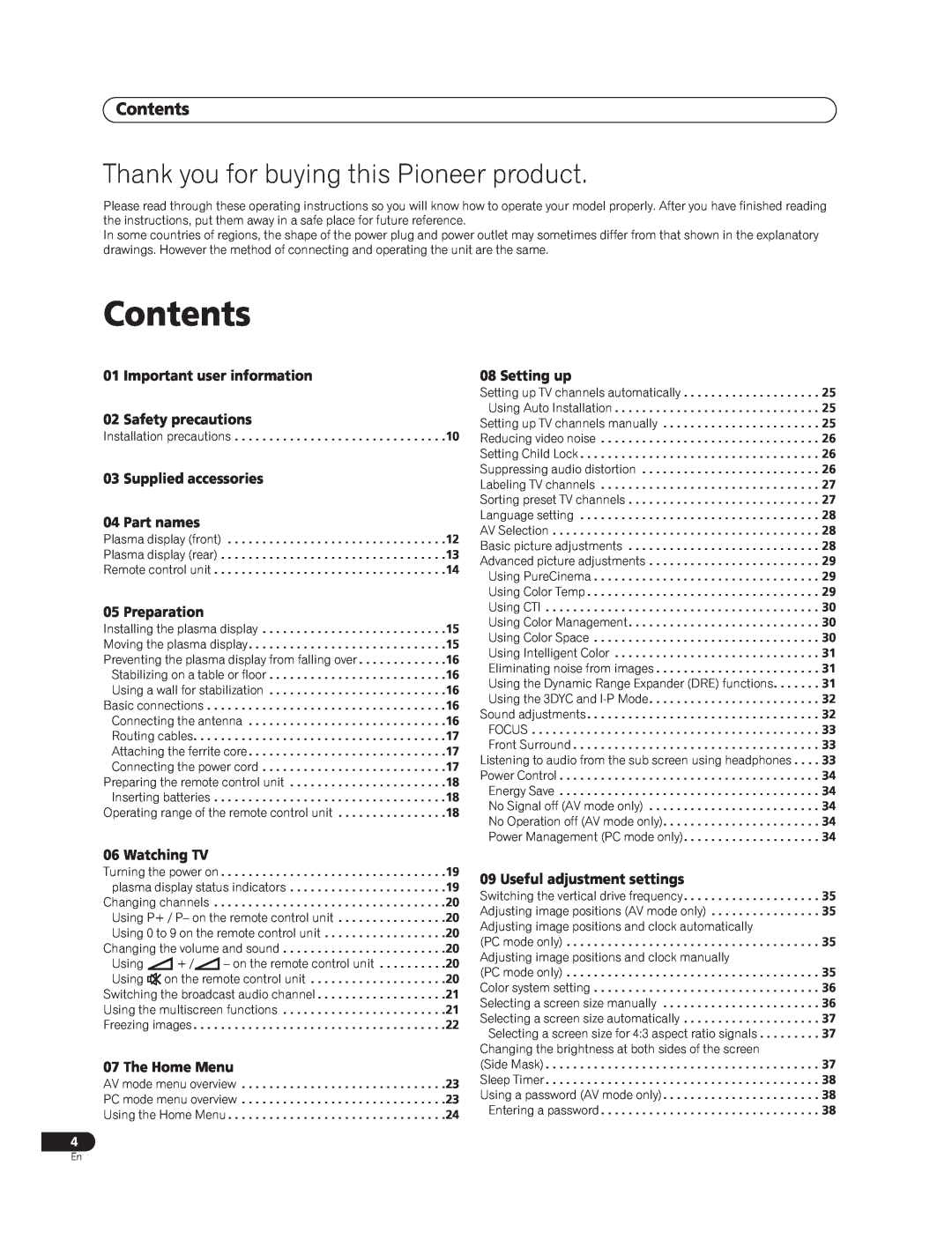 Pioneer PDP-427XG Contents, Thank you for buying this Pioneer product, Important user information 02 Safety precautions 