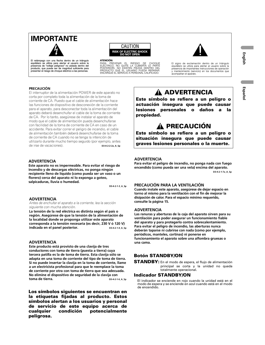 Pioneer PDP-507XG Advertencia, Precaución, cualquier condición potencialmente peligrosa, Botón STANDBY/ON, English Español 