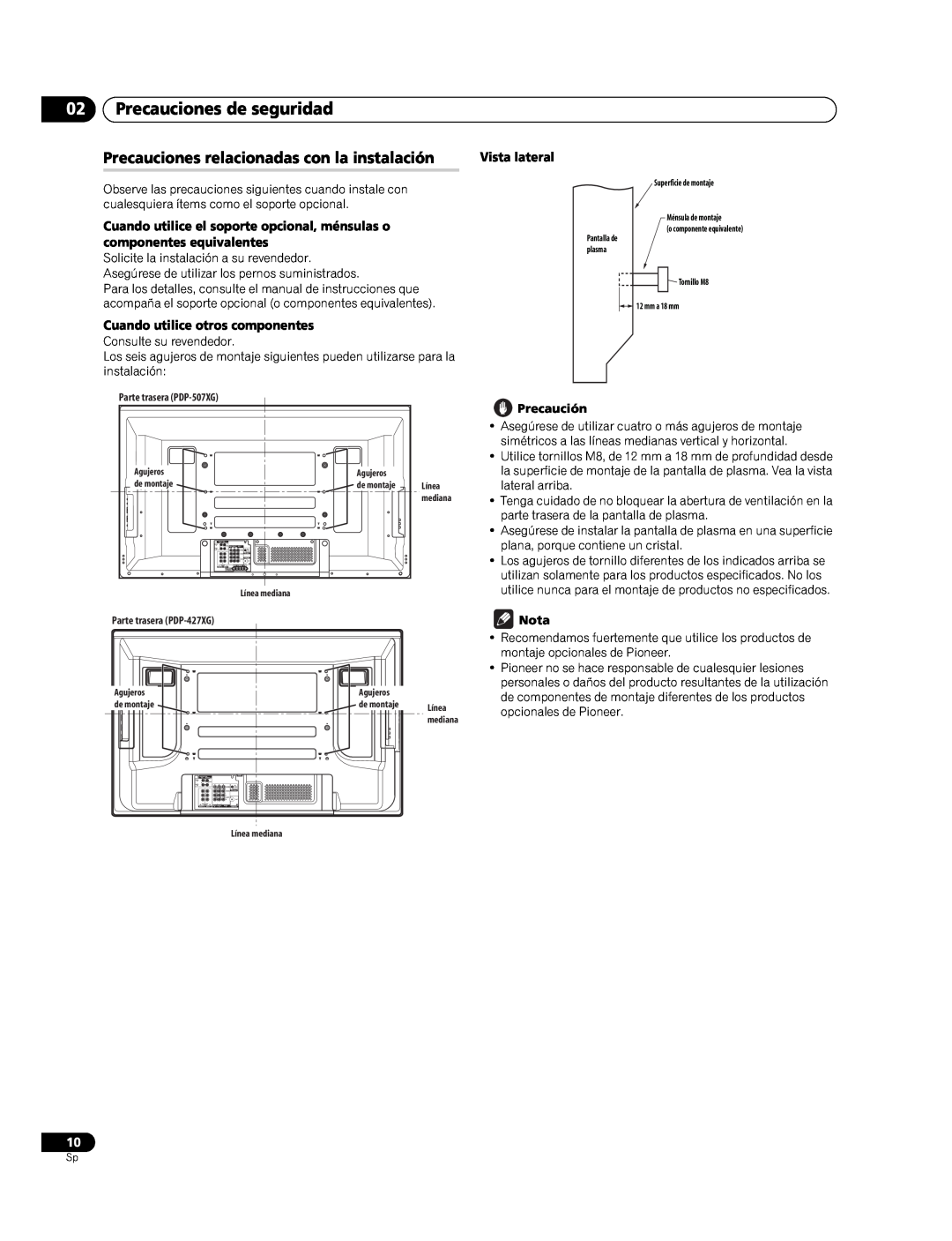 Pioneer PDP-427XG, PDP-507XG manual Precauciones de seguridad, Precauciones relacionadas con la instalación, Vista lateral 