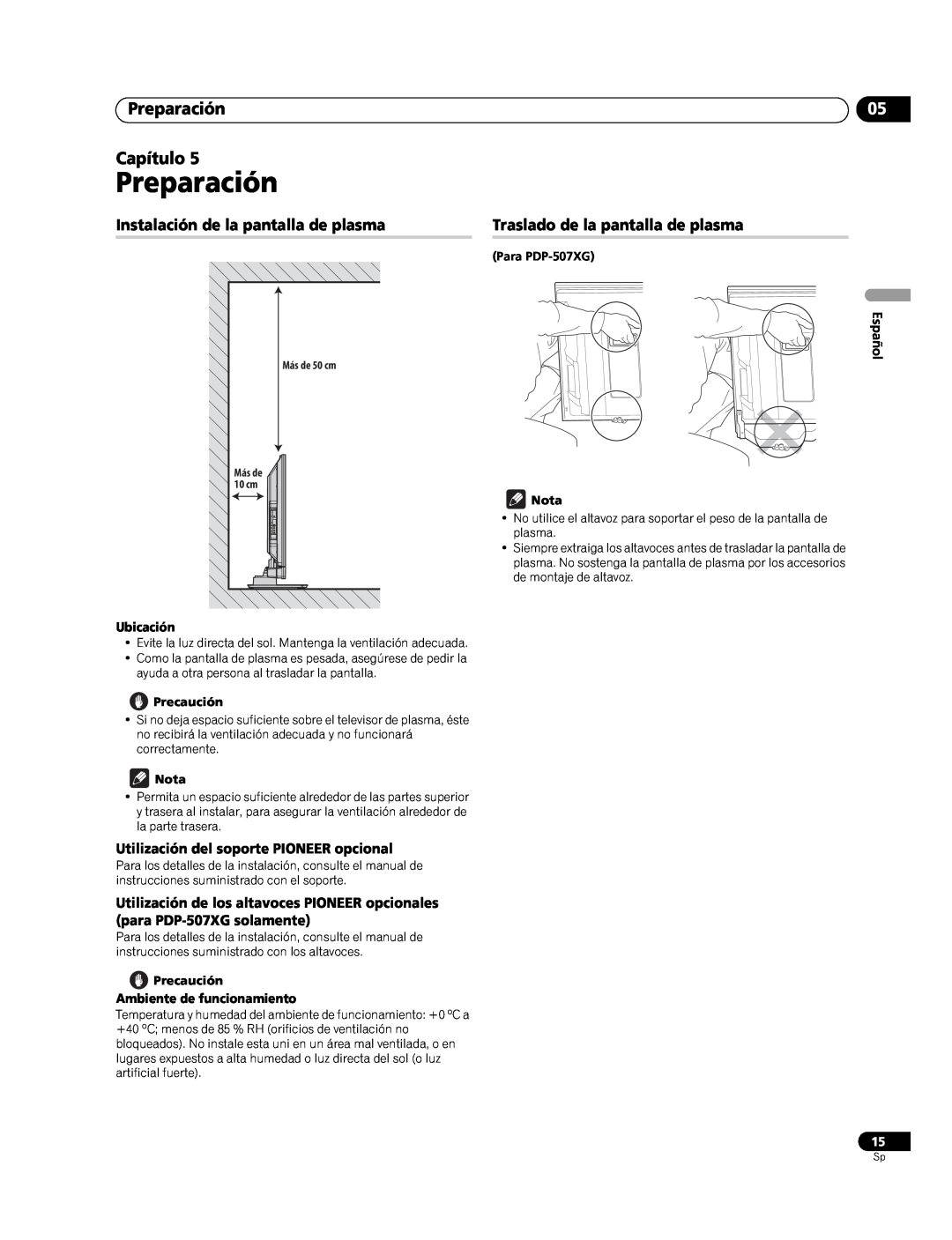 Pioneer PDP-507XG manual Preparación Capítulo, Instalación de la pantalla de plasma, Traslado de la pantalla de plasma 