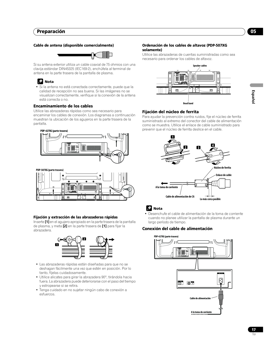 Pioneer PDP-507XG, PDP-427XG manual Preparación, Encaminamiento de los cables, Fijación del núcleo de ferrita, Español 