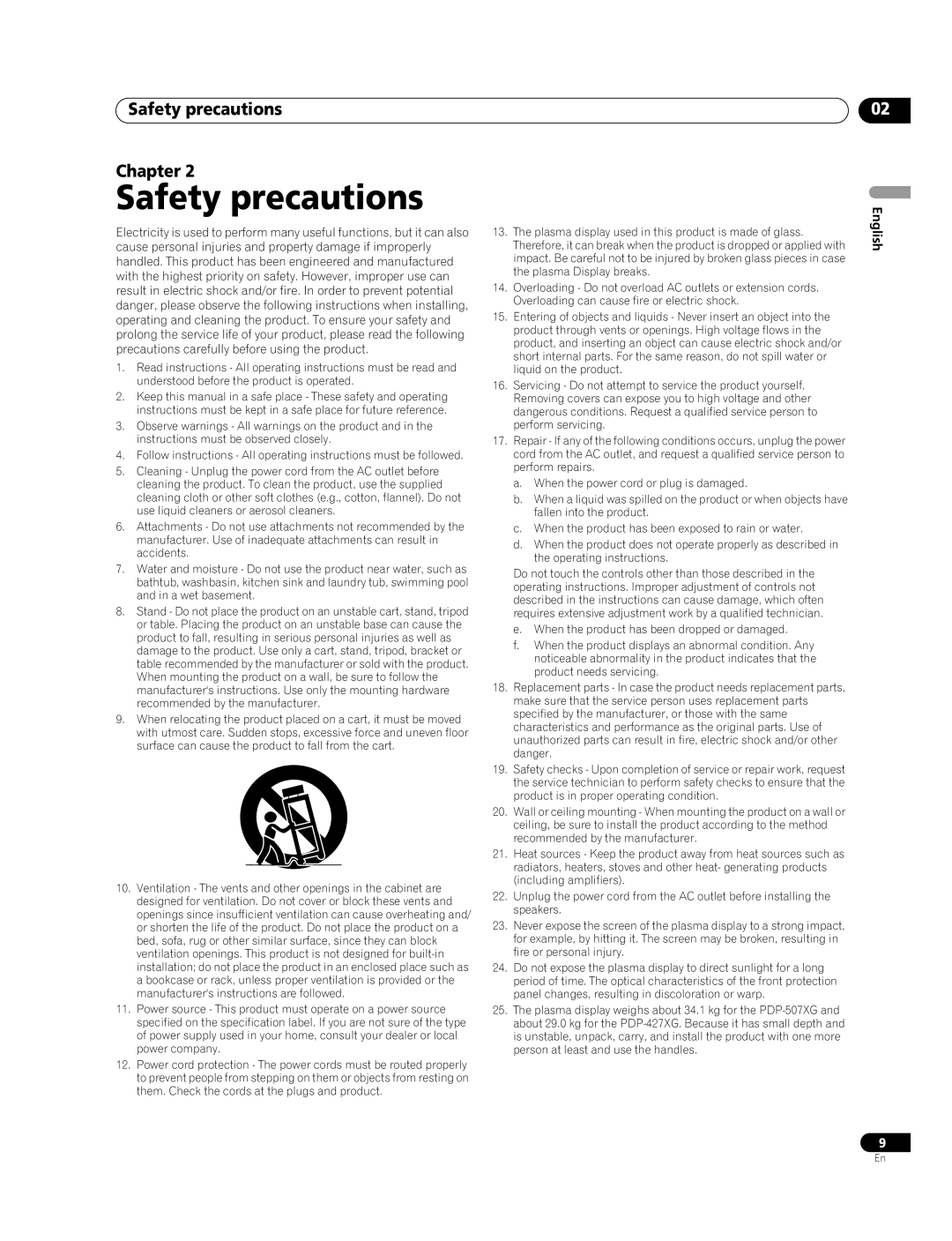 Pioneer PDP-507XG, PDP-427XG manual Safety precautions Chapter, English 