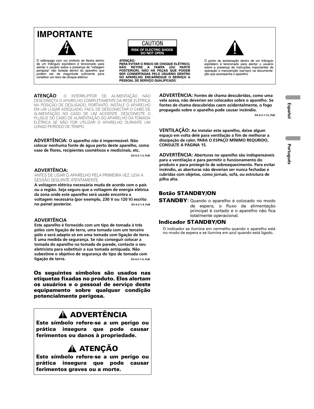 Pioneer PDP-507XG, PDP-427XG manual Advertência, Atenção, Botão STANDBY/ON, Español Português, Indicador STANDBY/ON 