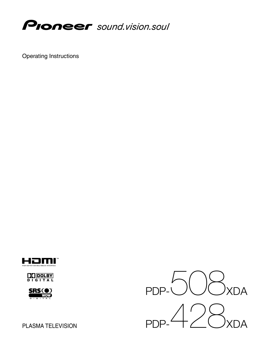 Pioneer PDP-508XDA, PDP-428XDA manual Plasma Television 