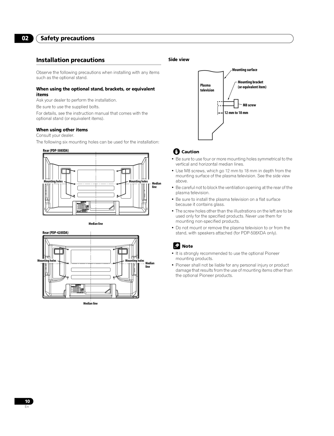 Pioneer PDP-428XDA, PDP-508XDA manual Safety precautions Installation precautions, Side view, When using other items 