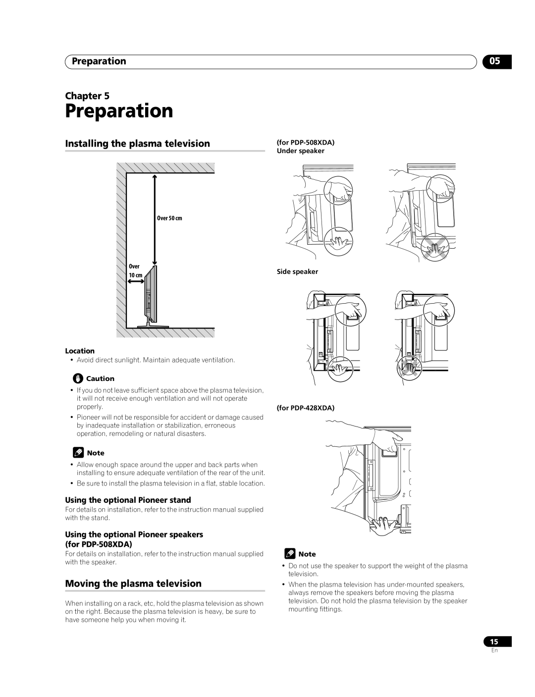 Pioneer PDP-508XDA manual Preparation Chapter, Installing the plasma television, Moving the plasma television, Location 