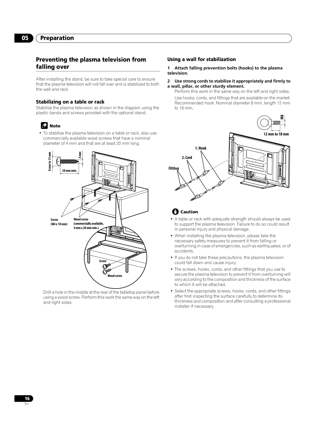 Pioneer PDP-428XDA manual Stabilizing on a table or rack, Using a wall for stabilization, Mm to 18 mm Hook Cord Fitting 