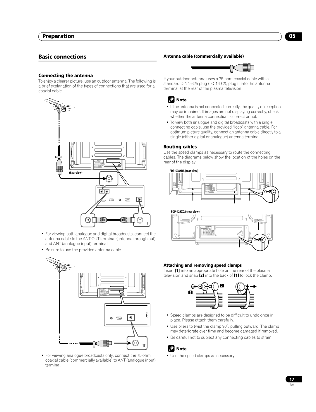 Pioneer PDP-508XDA, PDP-428XDA manual Preparation Basic connections, Connecting the antenna, Routing cables 