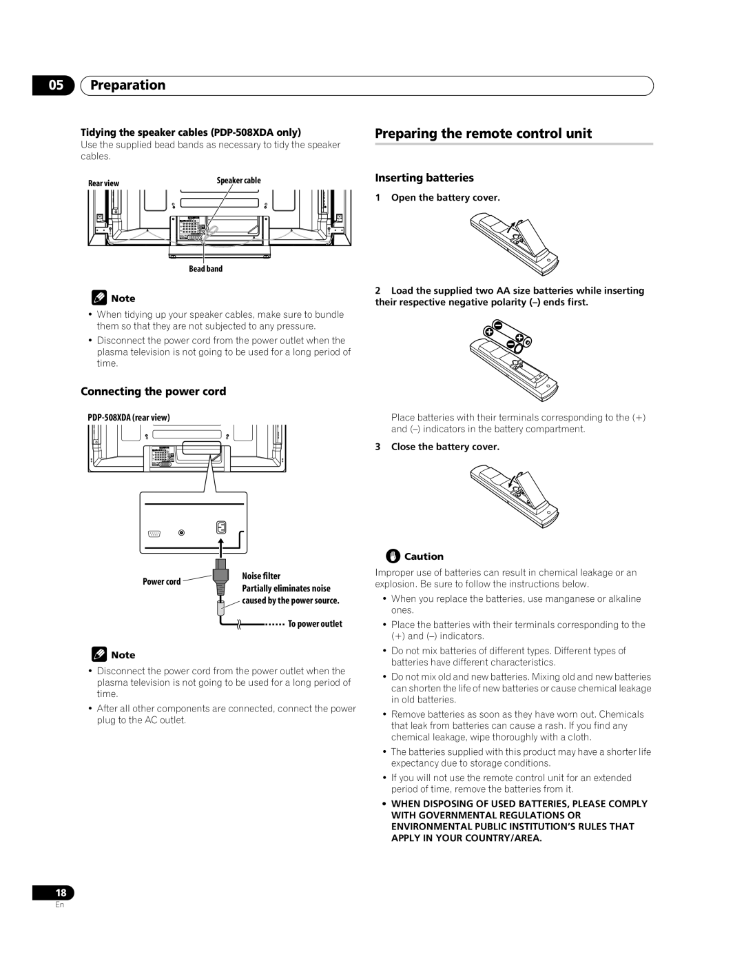 Pioneer PDP-428XDA manual Preparation, Preparing the remote control unit, Connecting the power cord, Inserting batteries 