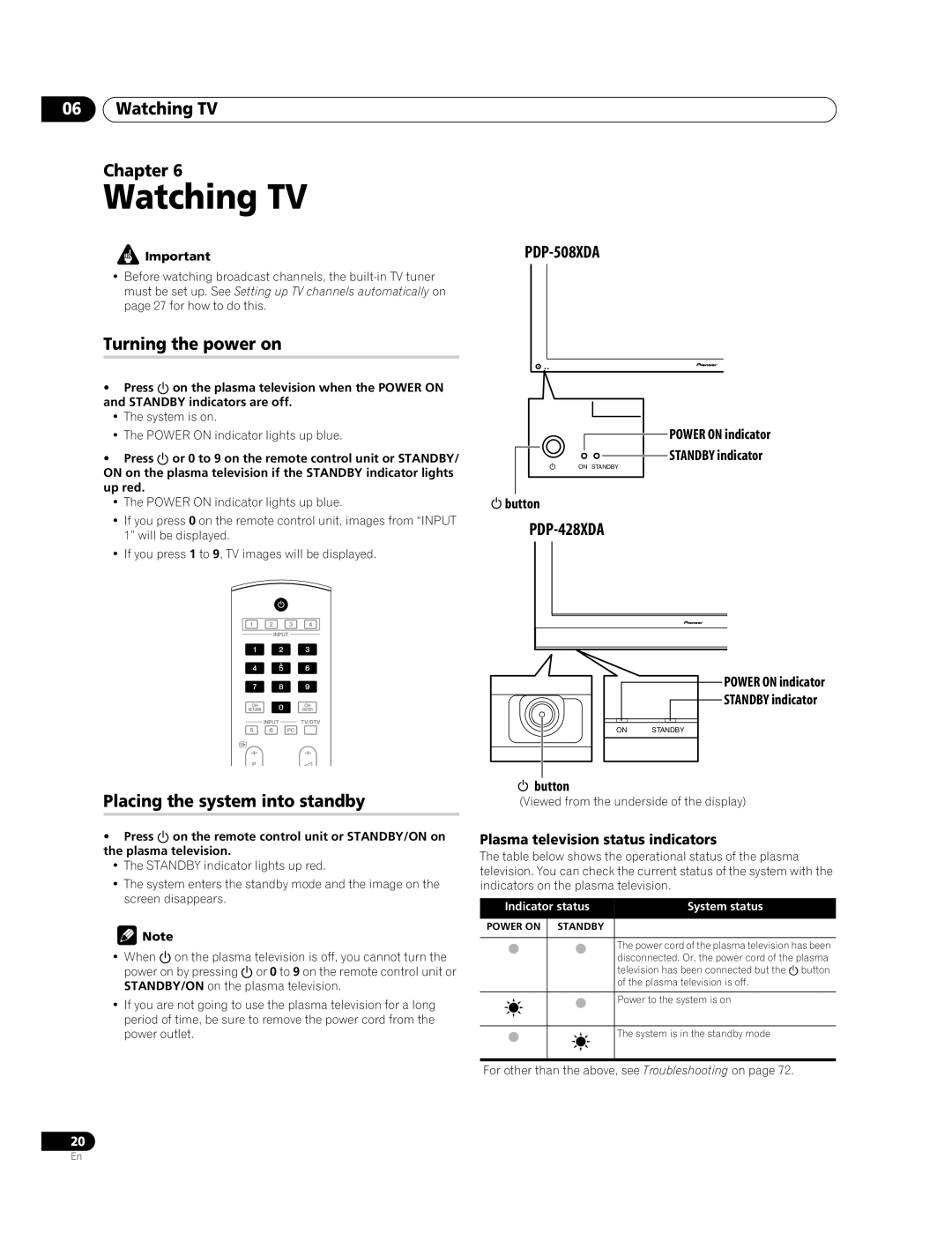 Pioneer PDP-428XDA, PDP-508XDA manual Watching TV Chapter, Turning the power on, Placing the system into standby 