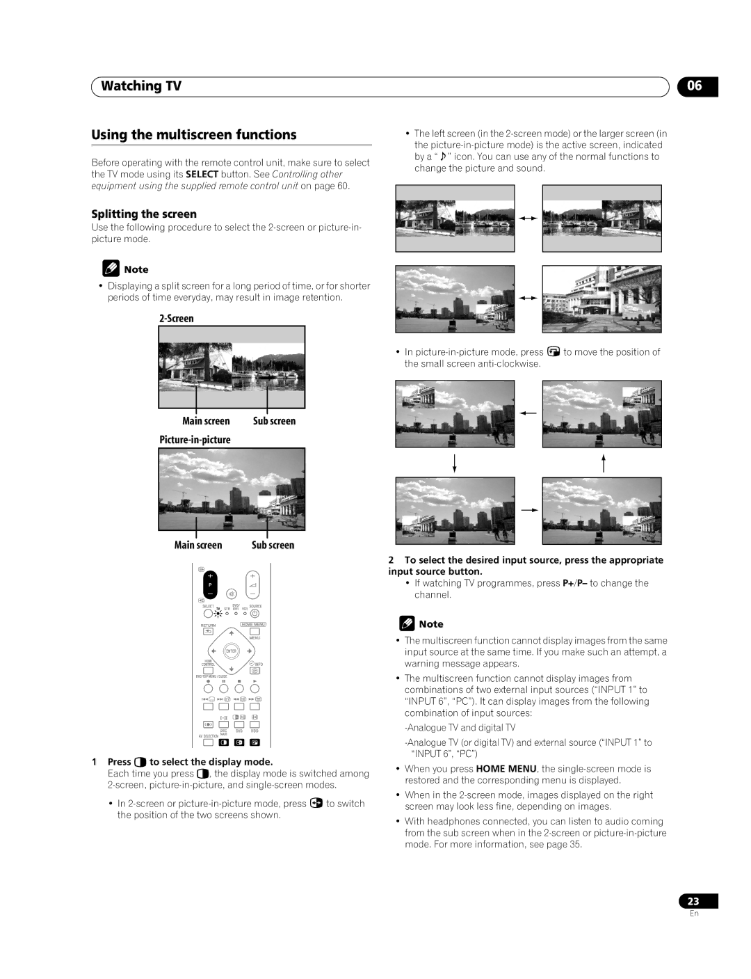 Pioneer PDP-508XDA, PDP-428XDA manual Watching TV Using the multiscreen functions, Splitting the screen, Screen Main screen 