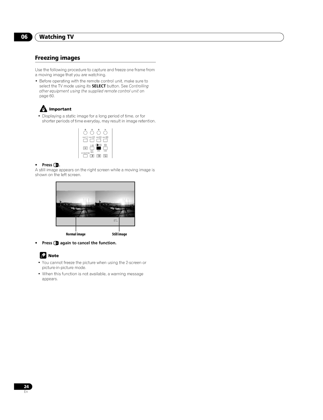 Pioneer PDP-428XDA, PDP-508XDA manual Watching TV Freezing images, Normal image, Press dagain to cancel the function 