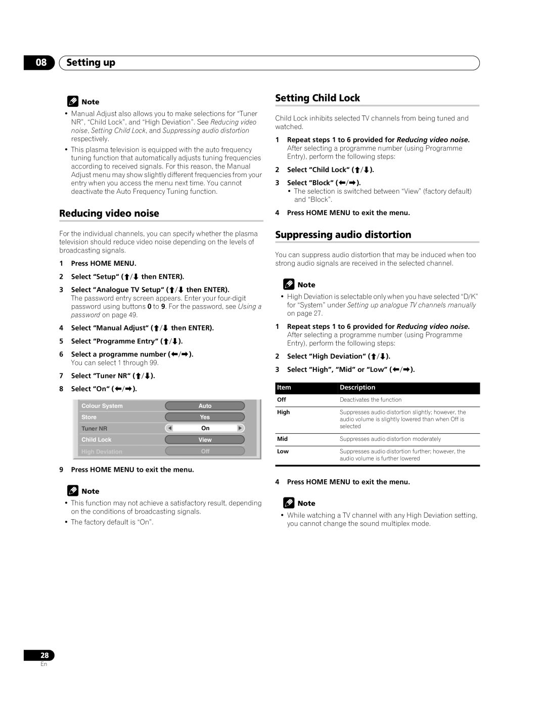 Pioneer PDP-428XDA manual Setting up, Reducing video noise, Setting Child Lock, Suppressing audio distortion, Description 