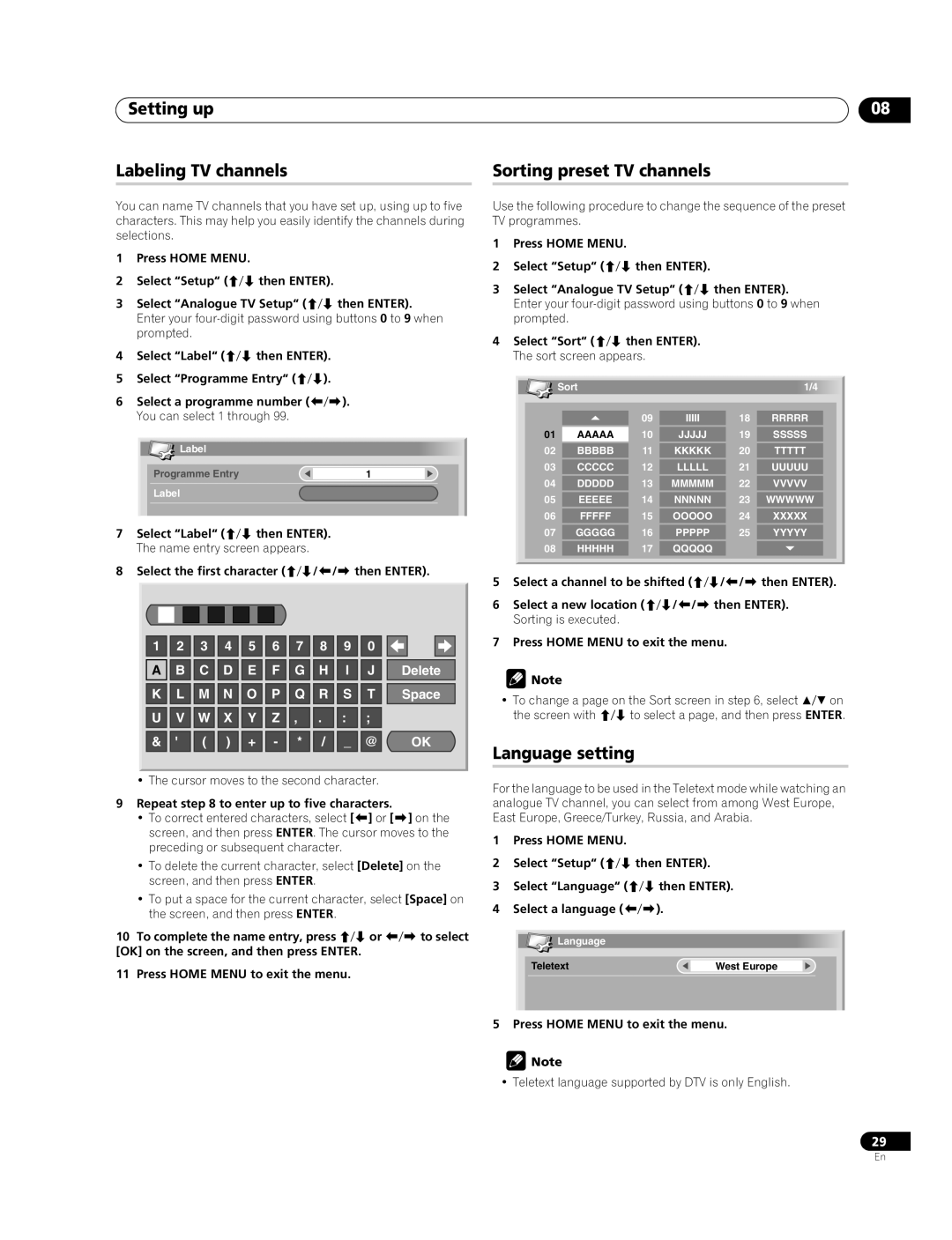 Pioneer PDP-508XDA, PDP-428XDA manual Setting up Labeling TV channels, Sorting preset TV channels, Language setting 