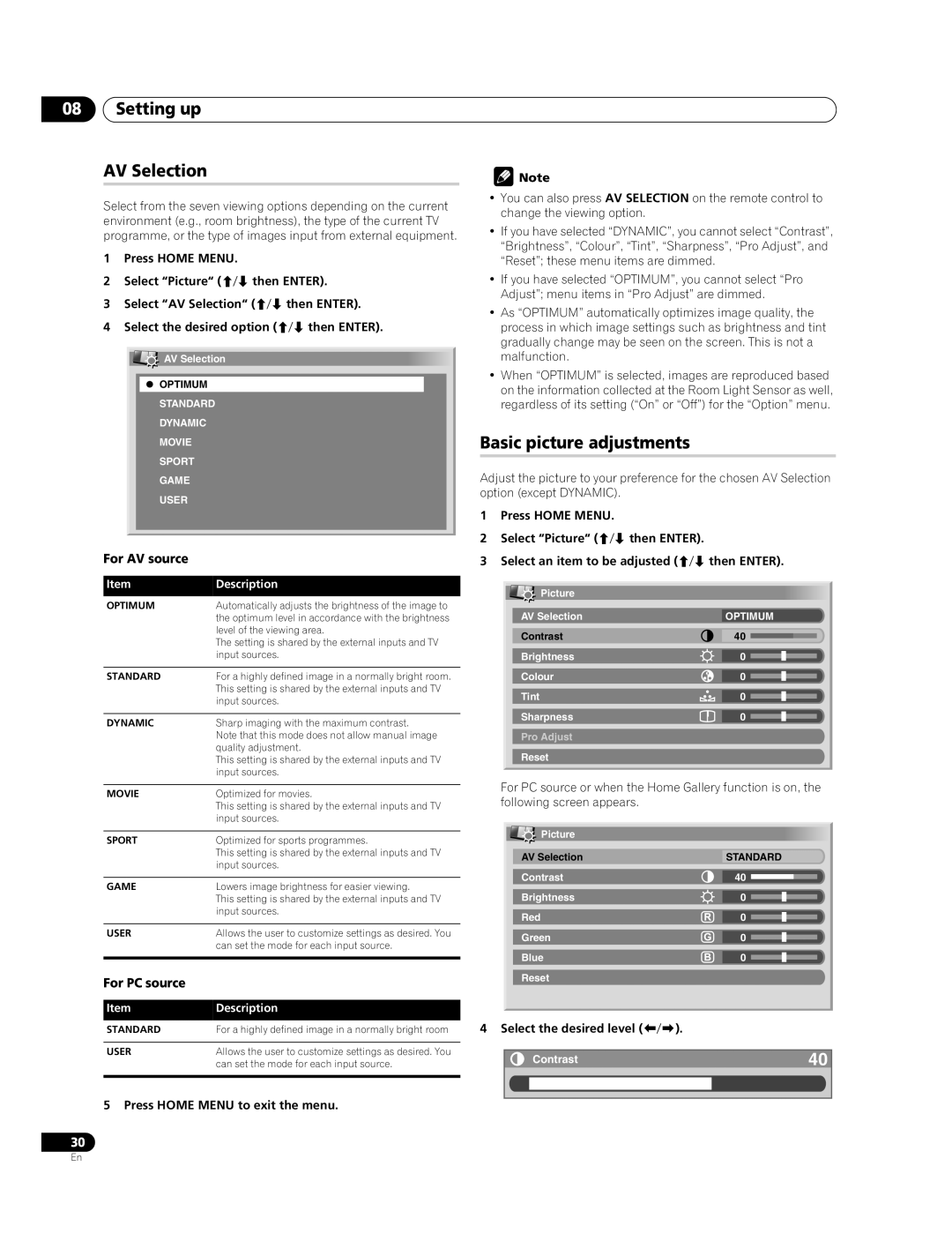 Pioneer PDP-428XDA, PDP-508XDA manual Setting up AV Selection, Basic picture adjustments, For AV source, For PC source 