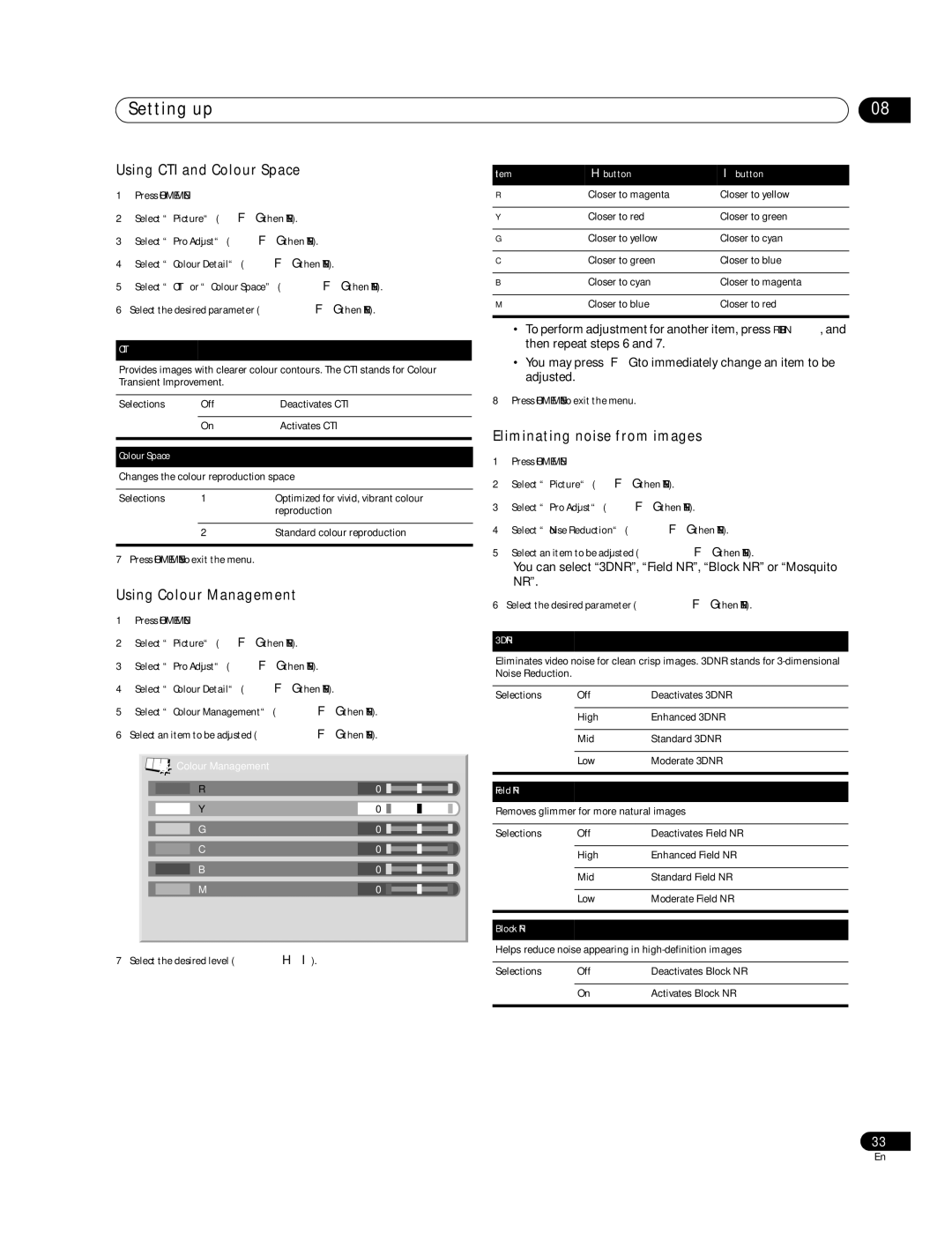 Pioneer PDP-508XDA manual Using CTI and Colour Space, Using Colour Management, Eliminating noise from images, Cti, 3DNR 