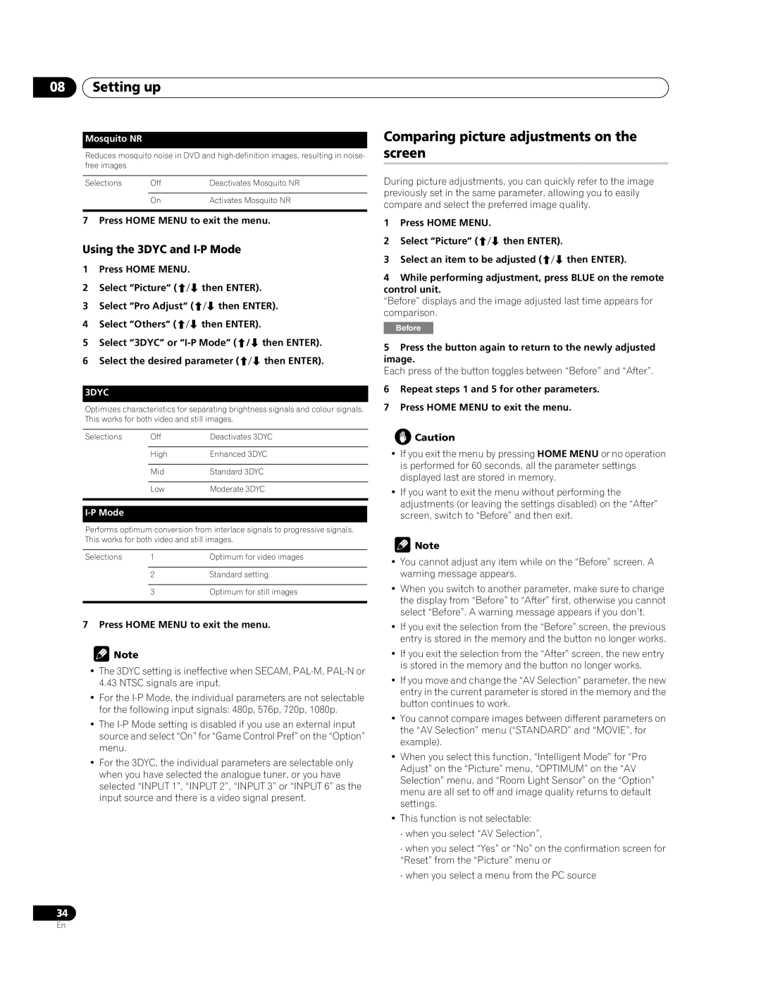 Pioneer PDP-428XDA, PDP-508XDA manual Comparing picture adjustments on the screen, Using the 3DYC and I-P Mode, Mosquito NR 
