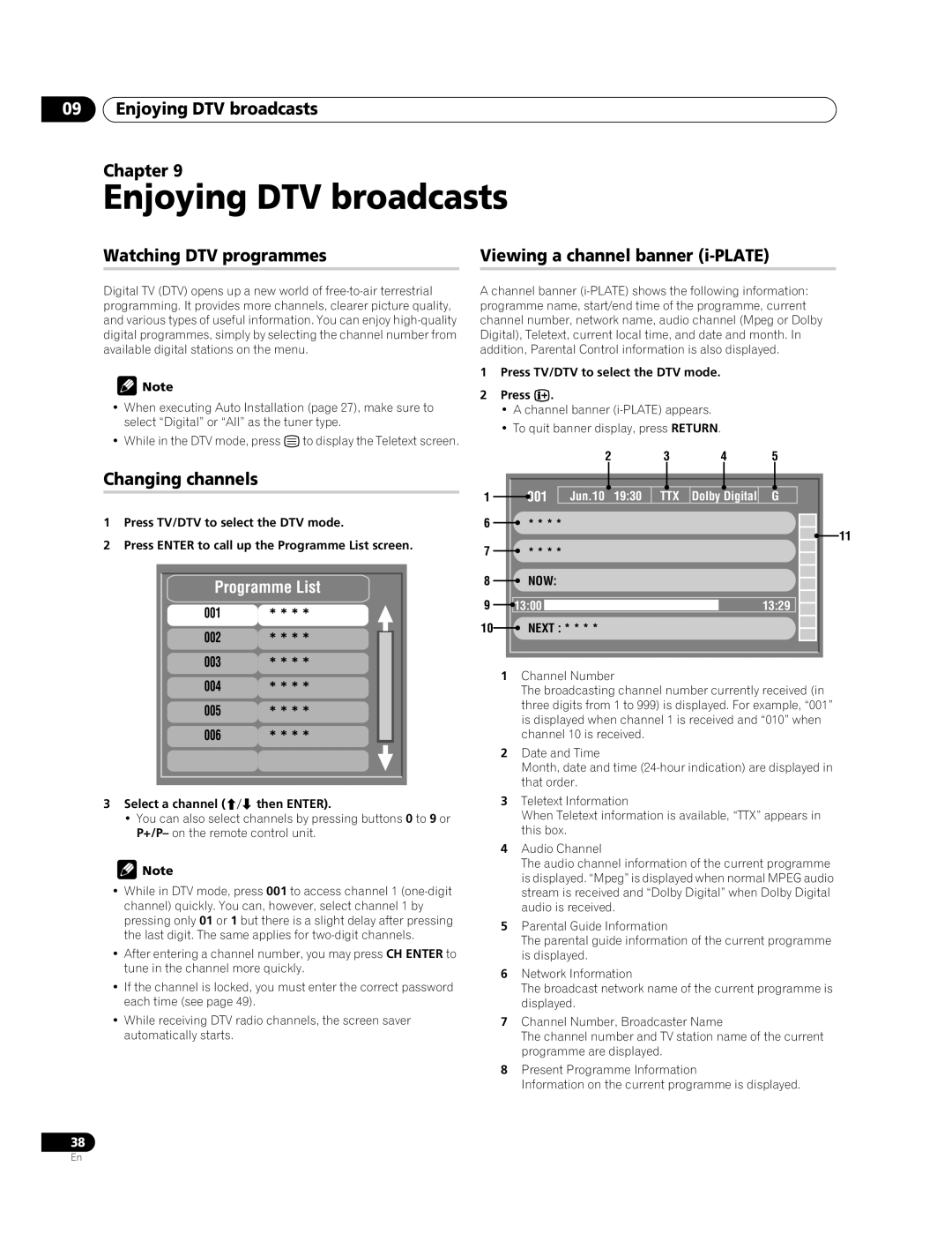 Pioneer PDP-428XDA manual Enjoying DTV broadcasts Chapter, Watching DTV programmes Viewing a channel banner i-PLATE 