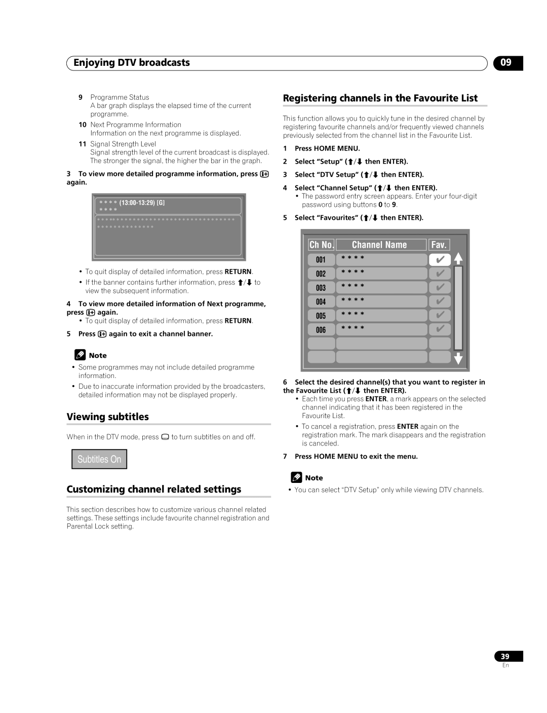 Pioneer PDP-508XDA, PDP-428XDA manual Enjoying DTV broadcasts, Viewing subtitles, Customizing channel related settings 