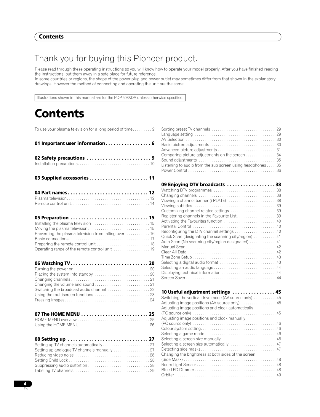 Pioneer PDP-428XDA, PDP-508XDA manual Contents 