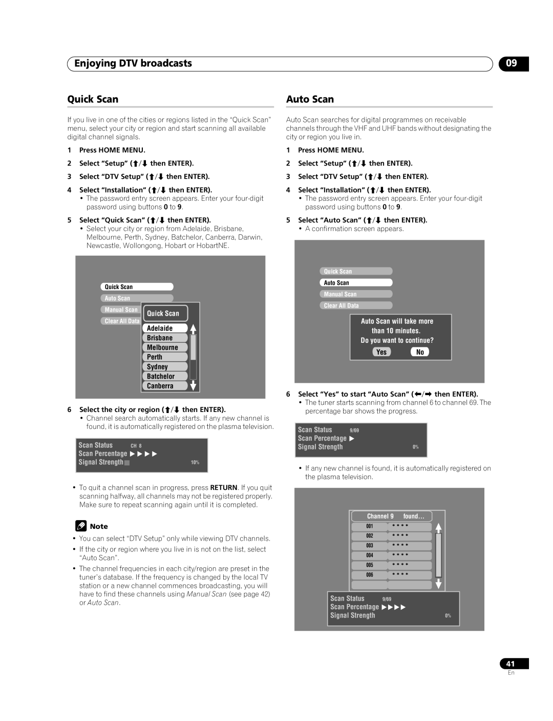 Pioneer PDP-508XDA, PDP-428XDA manual Enjoying DTV broadcasts Quick Scan, Auto Scan, Select Quick Scan / then Enter 