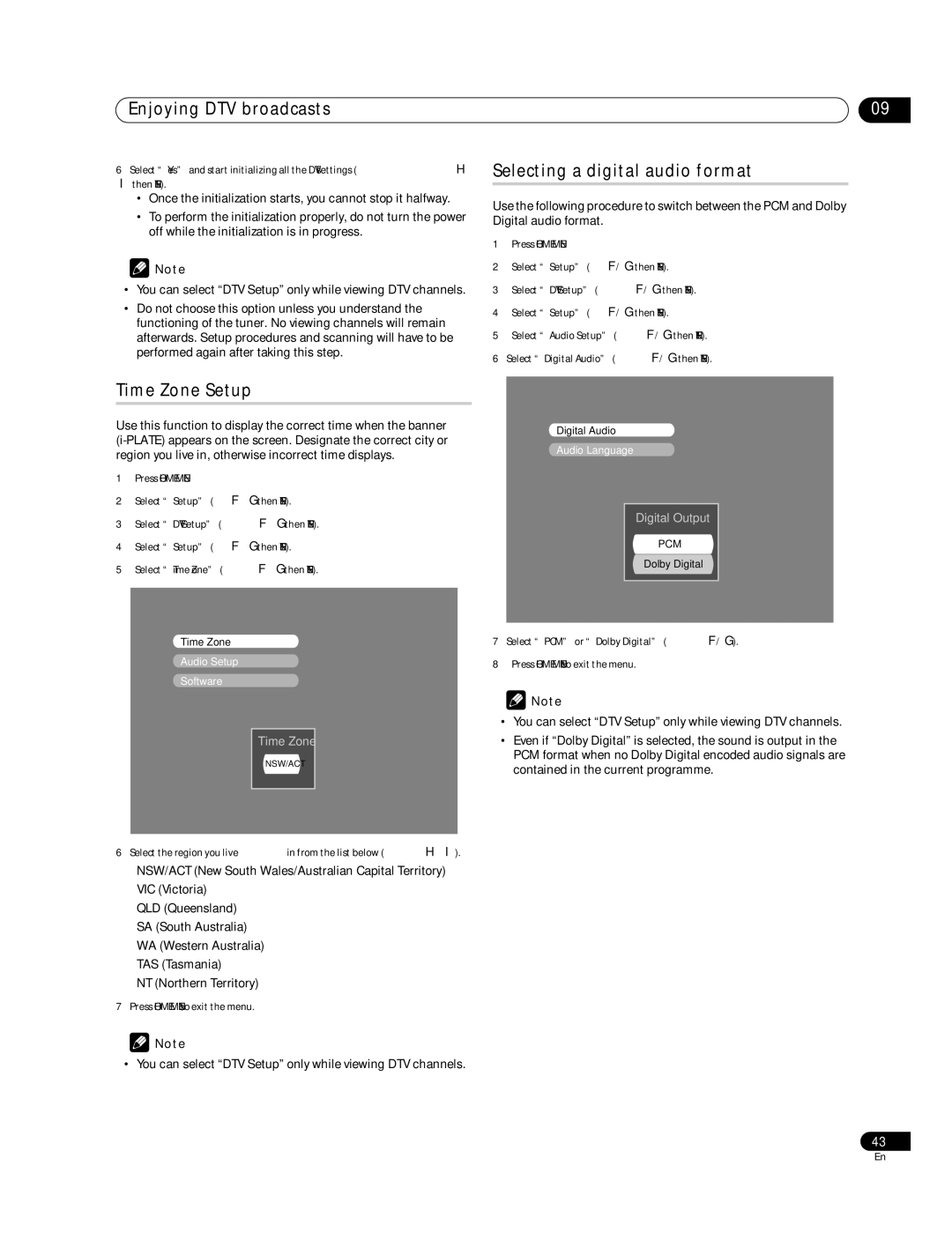 Pioneer PDP-508XDA, PDP-428XDA manual Selecting a digital audio format, Time Zone Setup 