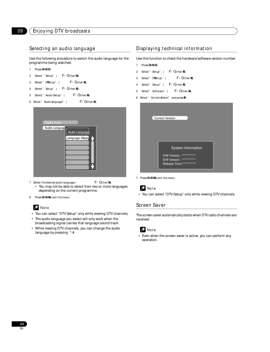 Pioneer PDP-428XDA Enjoying DTV broadcasts Selecting an audio language, Displaying technical information, Screen Saver 