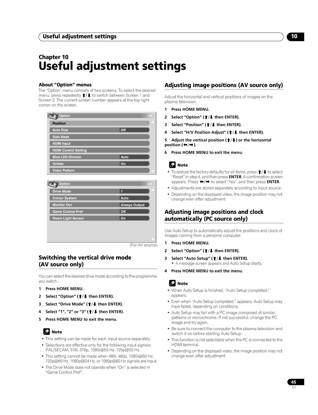 Pioneer PDP-508XDA, PDP-428XDA Useful adjustment settings Chapter, Switching the vertical drive mode AV source only 