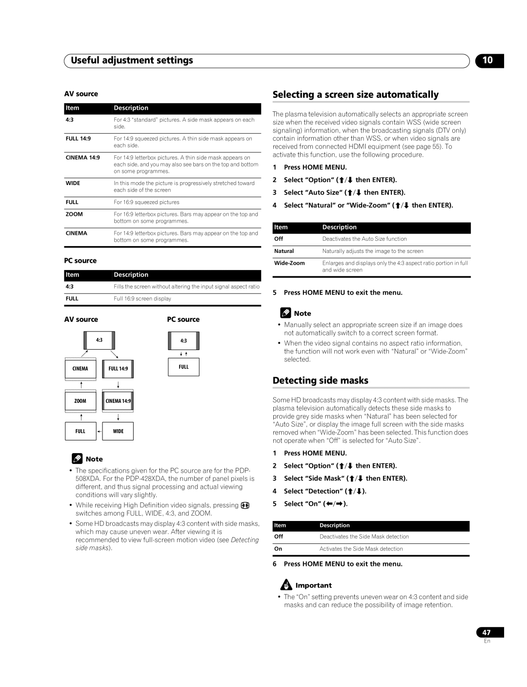 Pioneer PDP-508XDA Useful adjustment settings, Selecting a screen size automatically, Detecting side masks, AV source 