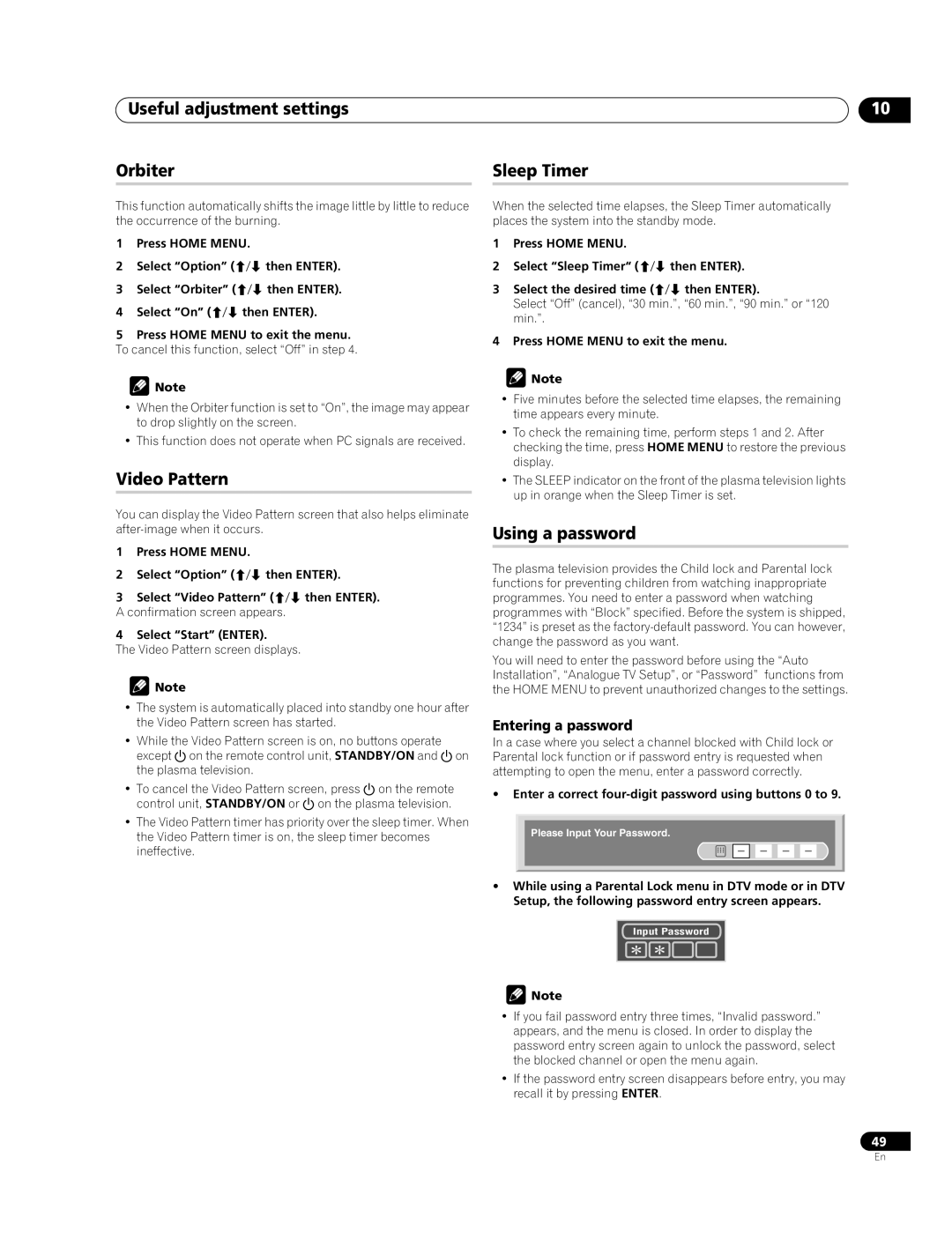 Pioneer PDP-508XDA Useful adjustment settings Orbiter Sleep Timer, Video Pattern, Using a password, Entering a password 