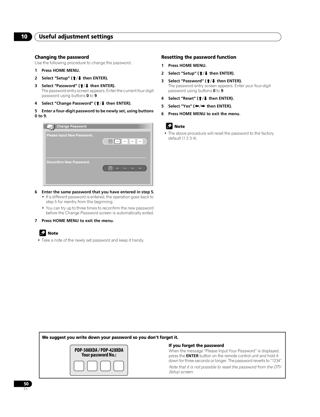 Pioneer PDP-428XDA, PDP-508XDA manual Changing the password, Resetting the password function, If you forget the password 