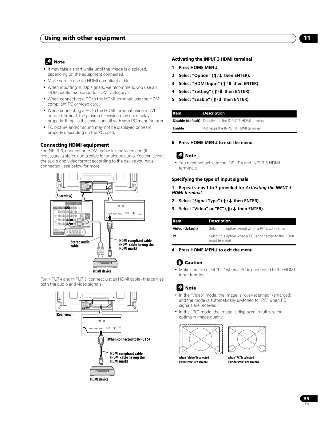 Pioneer PDP-508XDA, PDP-428XDA Using with other equipment, Connecting Hdmi equipment, Activating the Input 3 Hdmi terminal 