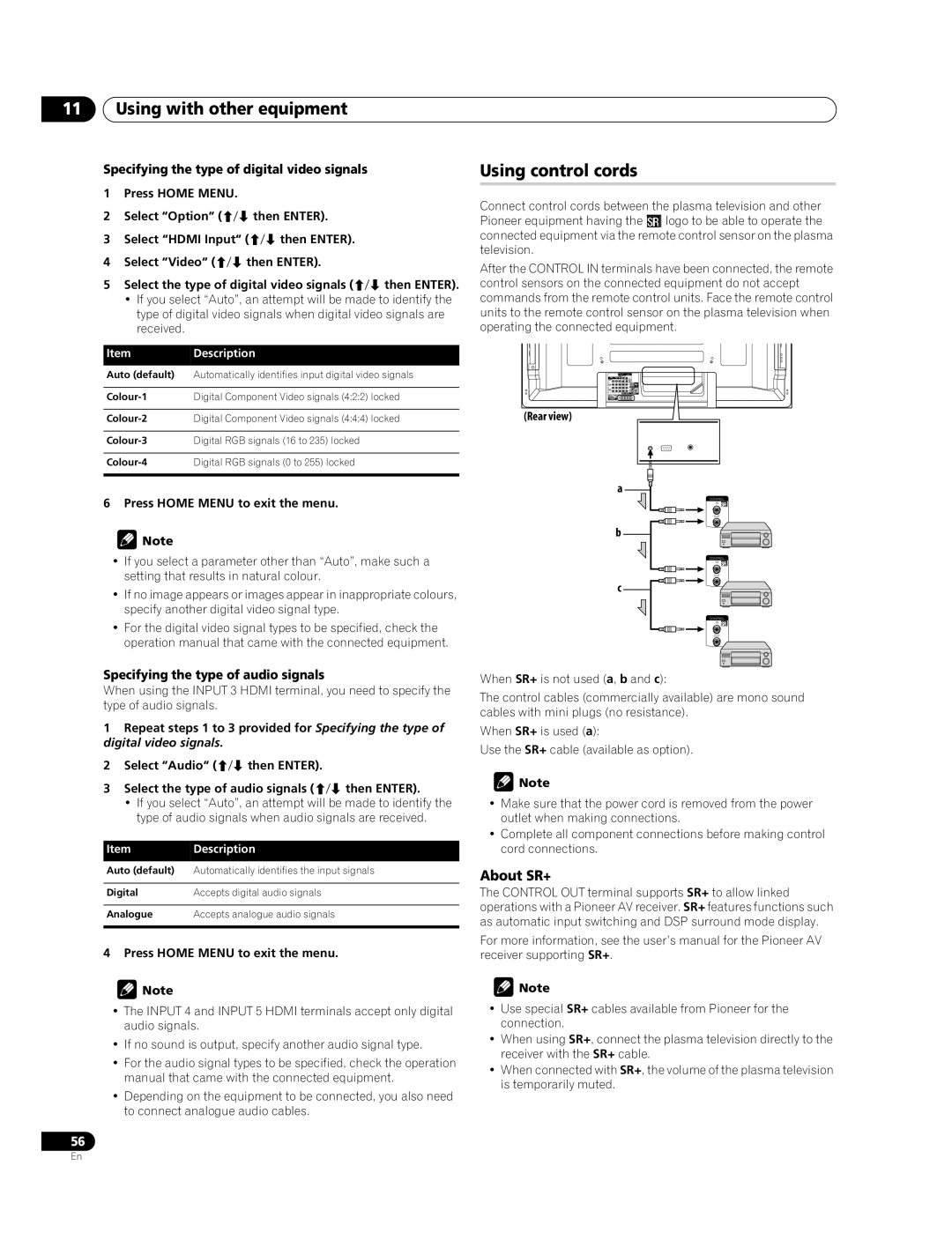 Pioneer PDP-428XDA, PDP-508XDA manual Using control cords, About SR+, Specifying the type of digital video signals 