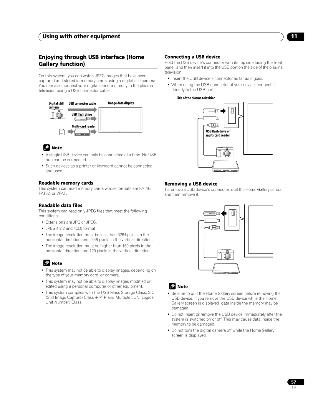 Pioneer PDP-508XDA, PDP-428XDA Connecting a USB device, Readable memory cards, Removing a USB device, Readable data files 