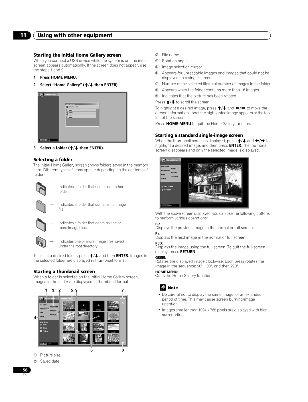 Pioneer PDP-428XDA Starting the initial Home Gallery screen, Starting a standard single-image screen, Selecting a folder 