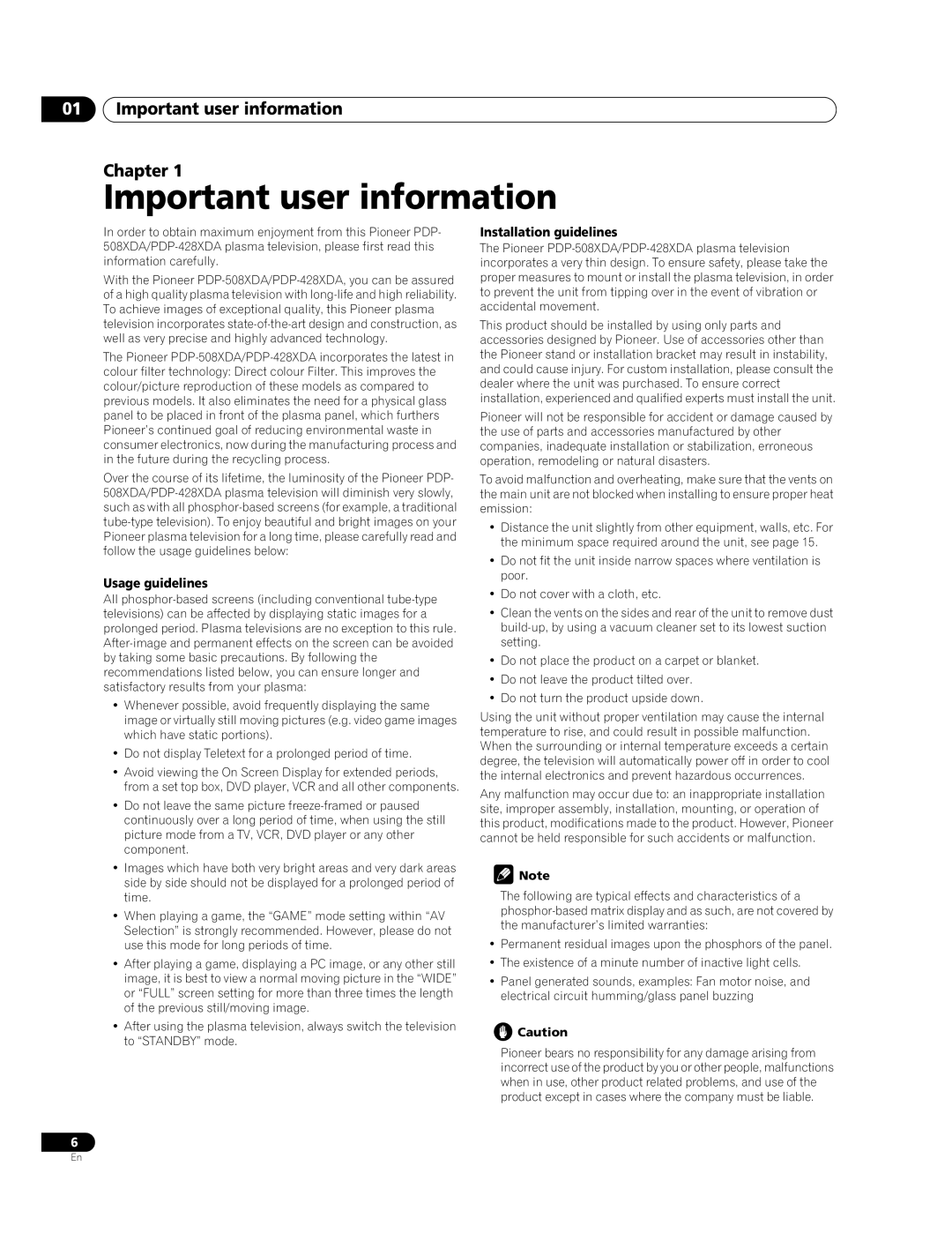 Pioneer PDP-428XDA, PDP-508XDA manual Important user information Chapter, Usage guidelines, Installation guidelines 