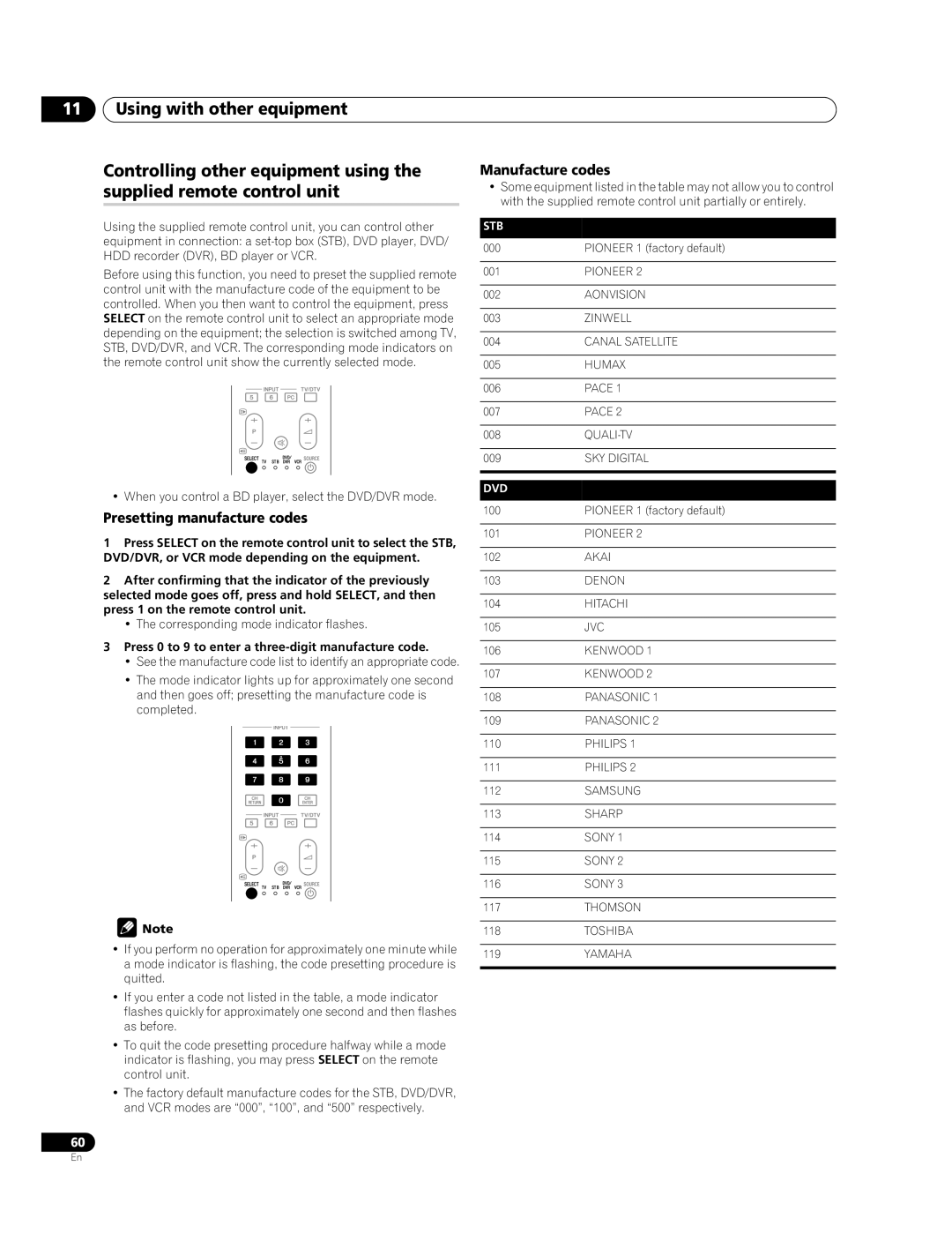 Pioneer PDP-428XDA Presetting manufacture codes, Manufacture codes, Press 0 to 9 to enter a three-digit manufacture code 