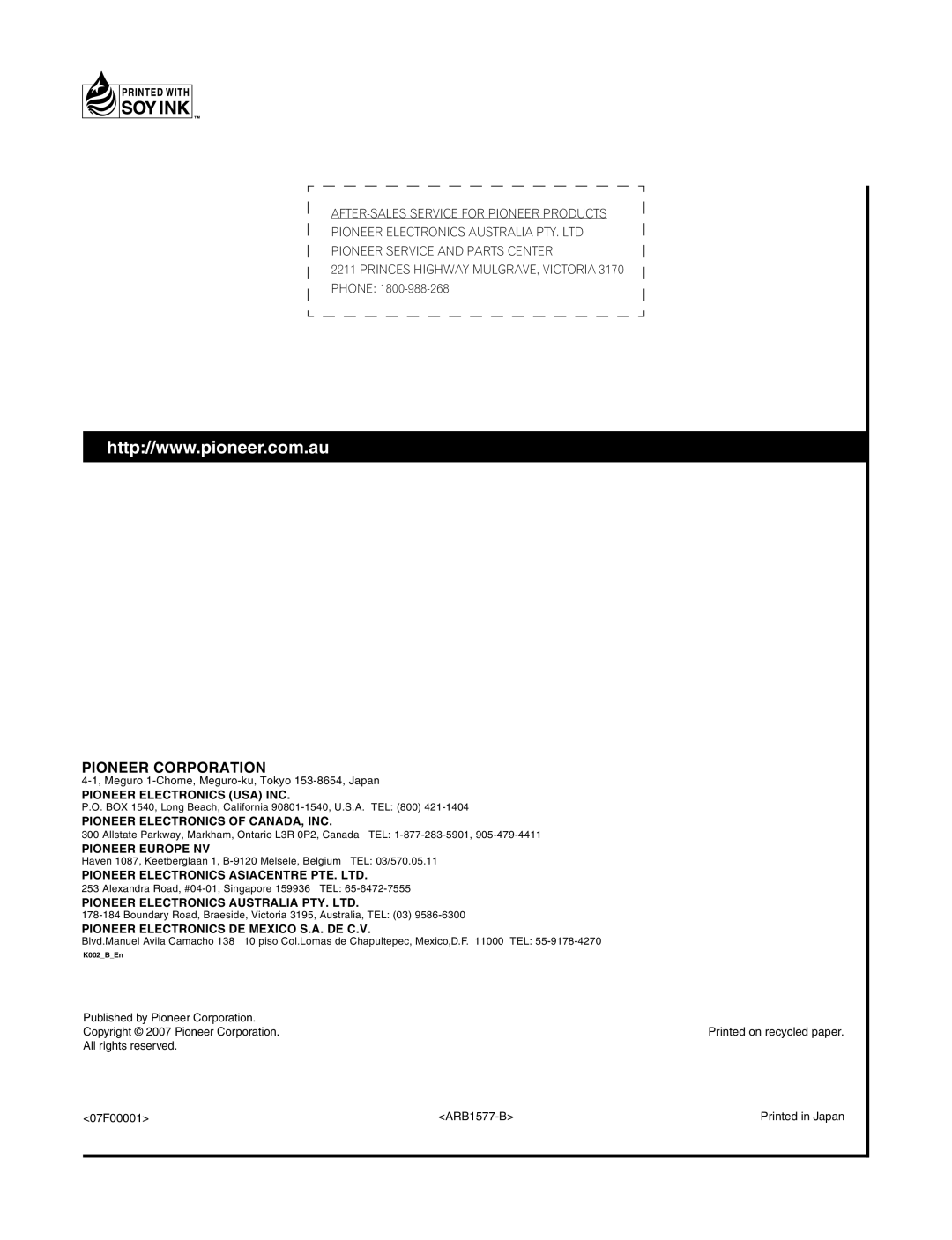 Pioneer PDP-428XDA, PDP-508XDA manual Pioneer Corporation 