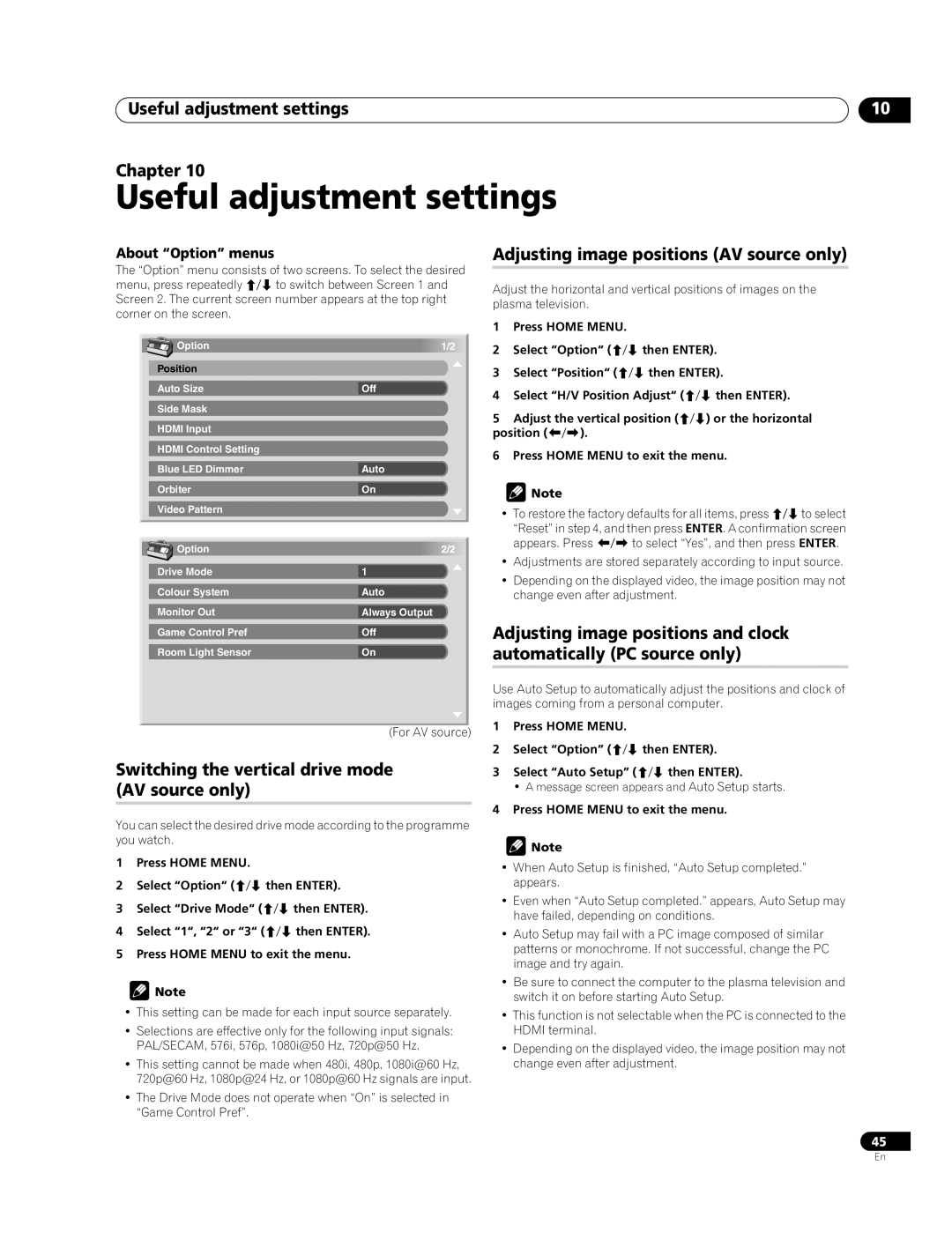 Pioneer PDP-508XDA Useful adjustment settings, Switching the vertical drive mode AV source only, About “Option” menus 