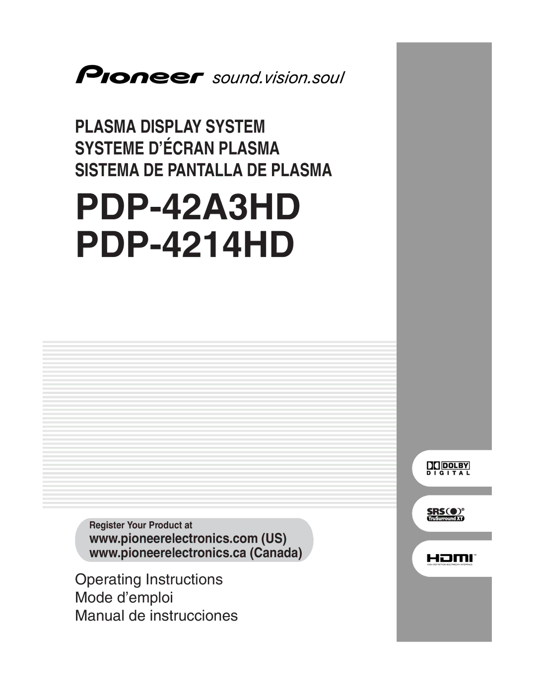 Pioneer PDP 42A3HD manual PDP-42A3HDPDP-4214HD 