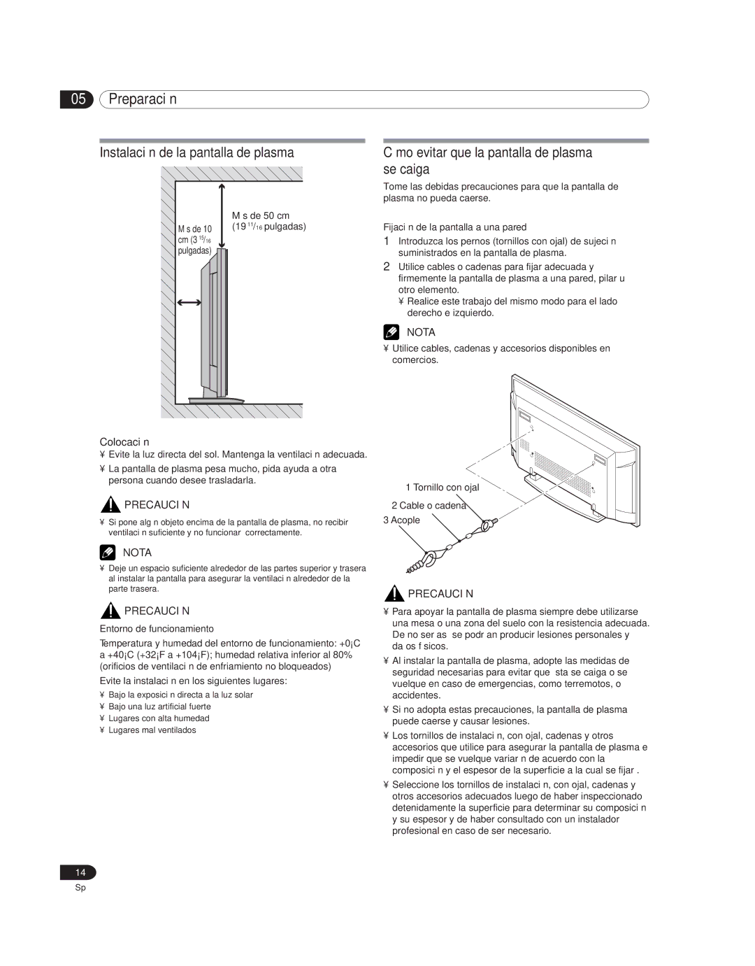 Pioneer PDP 42A3HD manual Preparación, Instalación de la pantalla de plasma, Cómo evitar que la pantalla de plasma se caiga 