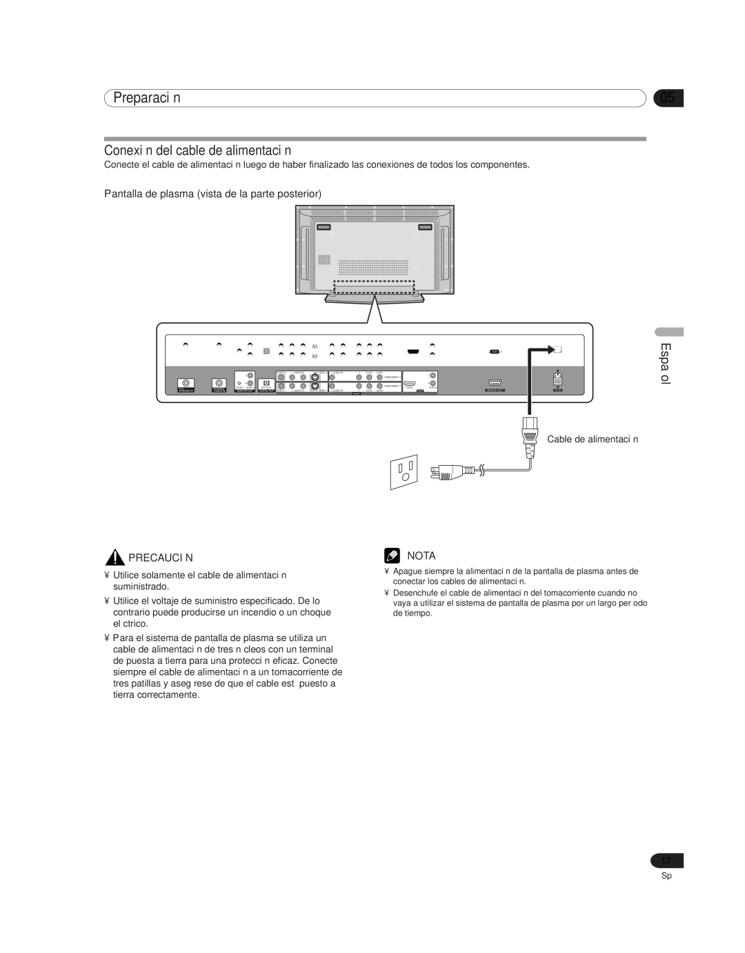 Pioneer PDP-4214HD, PDP 42A3HD manual Conexión del cable de alimentación, Pantalla de plasma vista de la parte posterior 