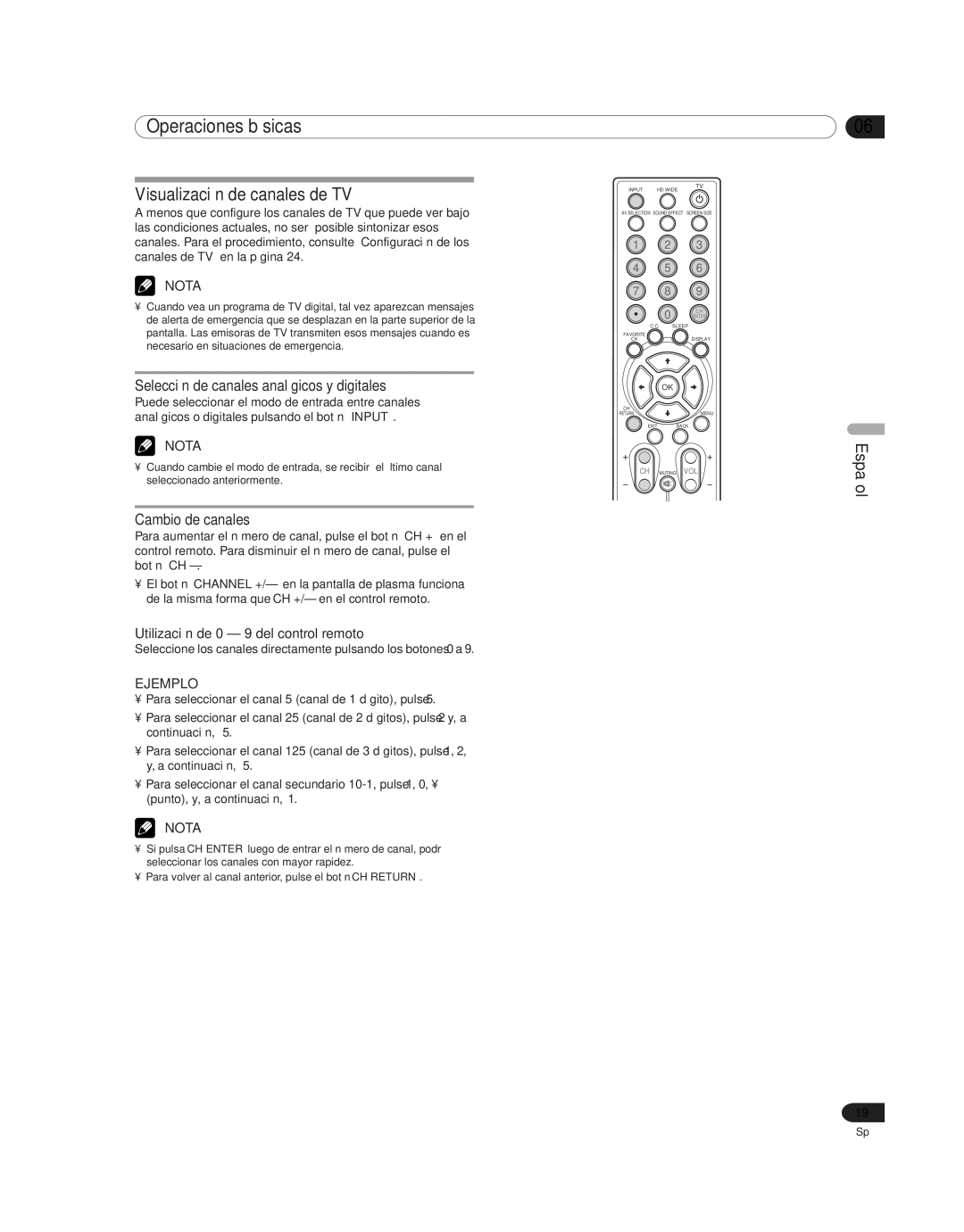 Pioneer PDP-4214HD manual Visualización de canales de TV, Selección de canales analógicos y digitales, Cambio de canales 