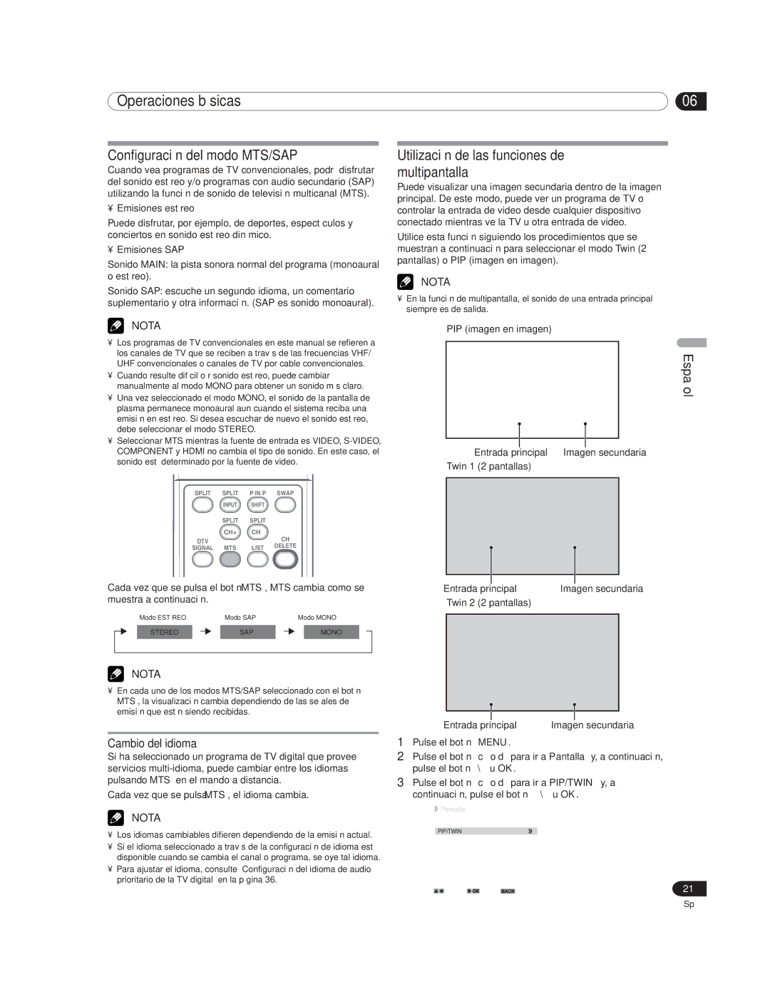 Pioneer PDP-4214HD manual Configuración del modo MTS/SAP, Utilización de las funciones de multipantalla, Cambio del idioma 