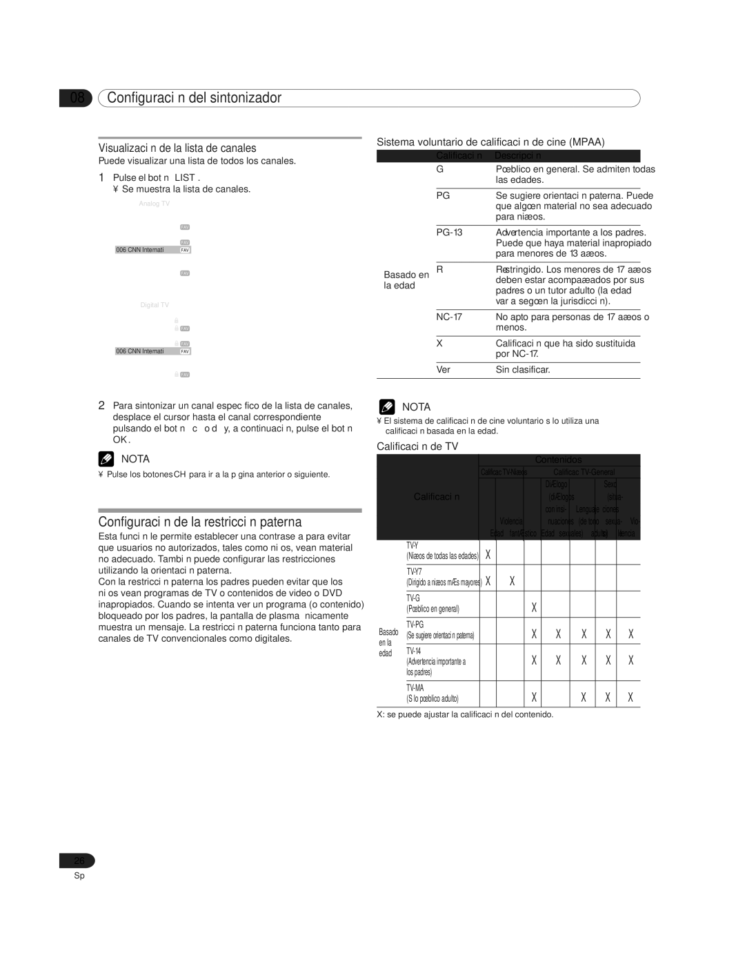 Pioneer PDP 42A3HD manual Configuración de la restricción paterna, Visualización de la lista de canales, Calificación de TV 