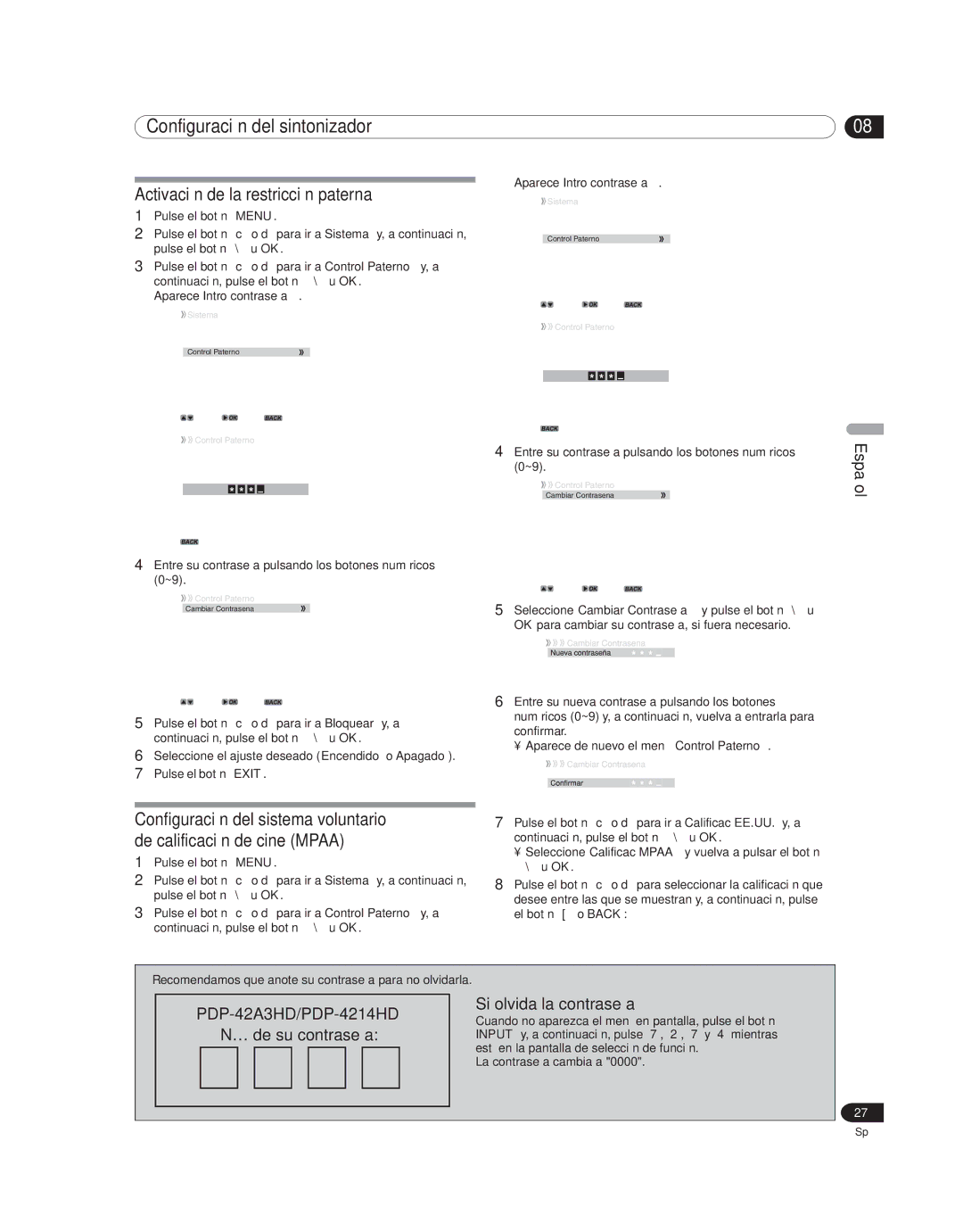 Pioneer PDP-4214HD, PDP 42A3HD manual Activación de la restricción paterna, Nº de su contraseña, Aparece Intro contraseña 