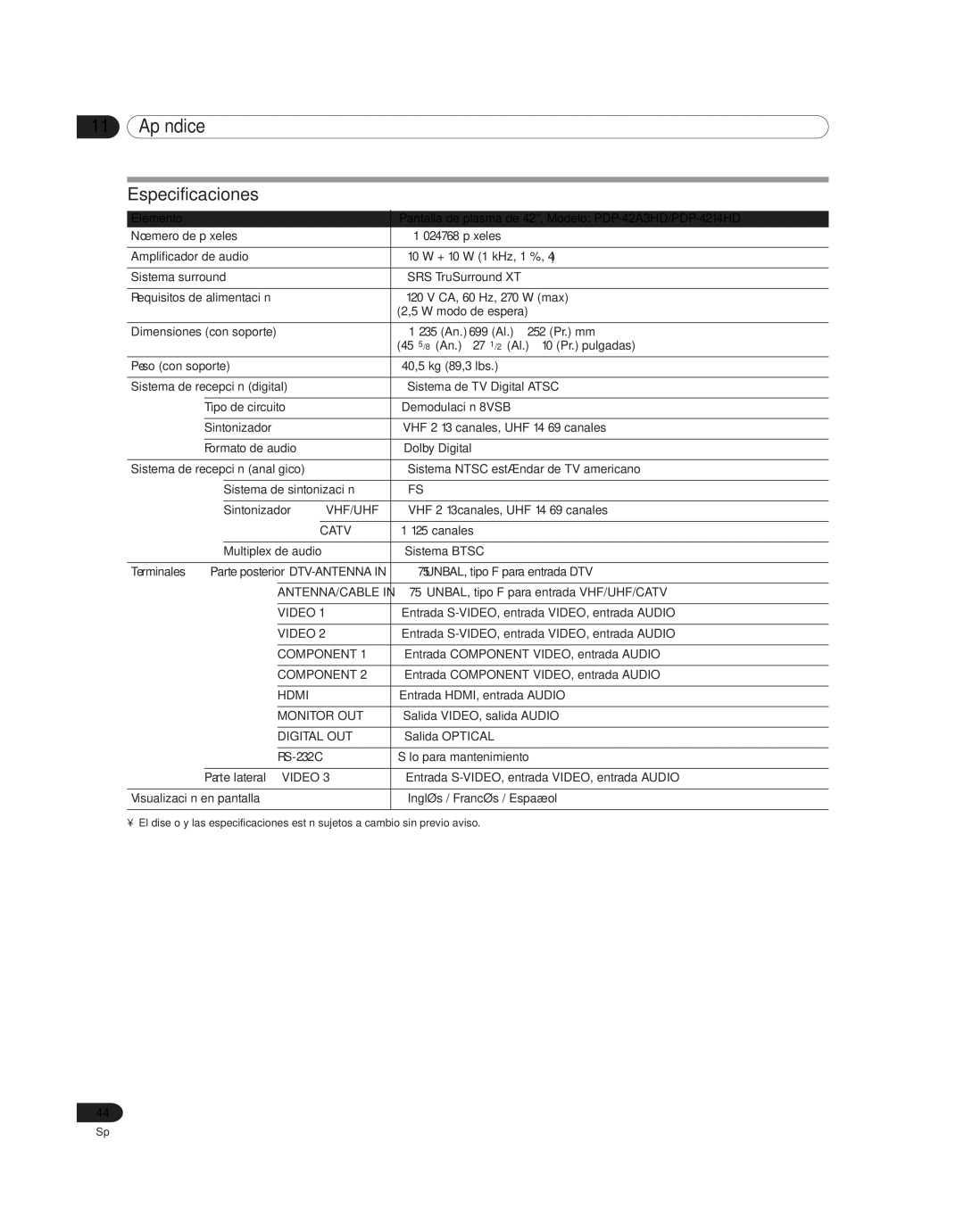 Pioneer PDP 42A3HD, PDP-4214HD manual Especificaciones 