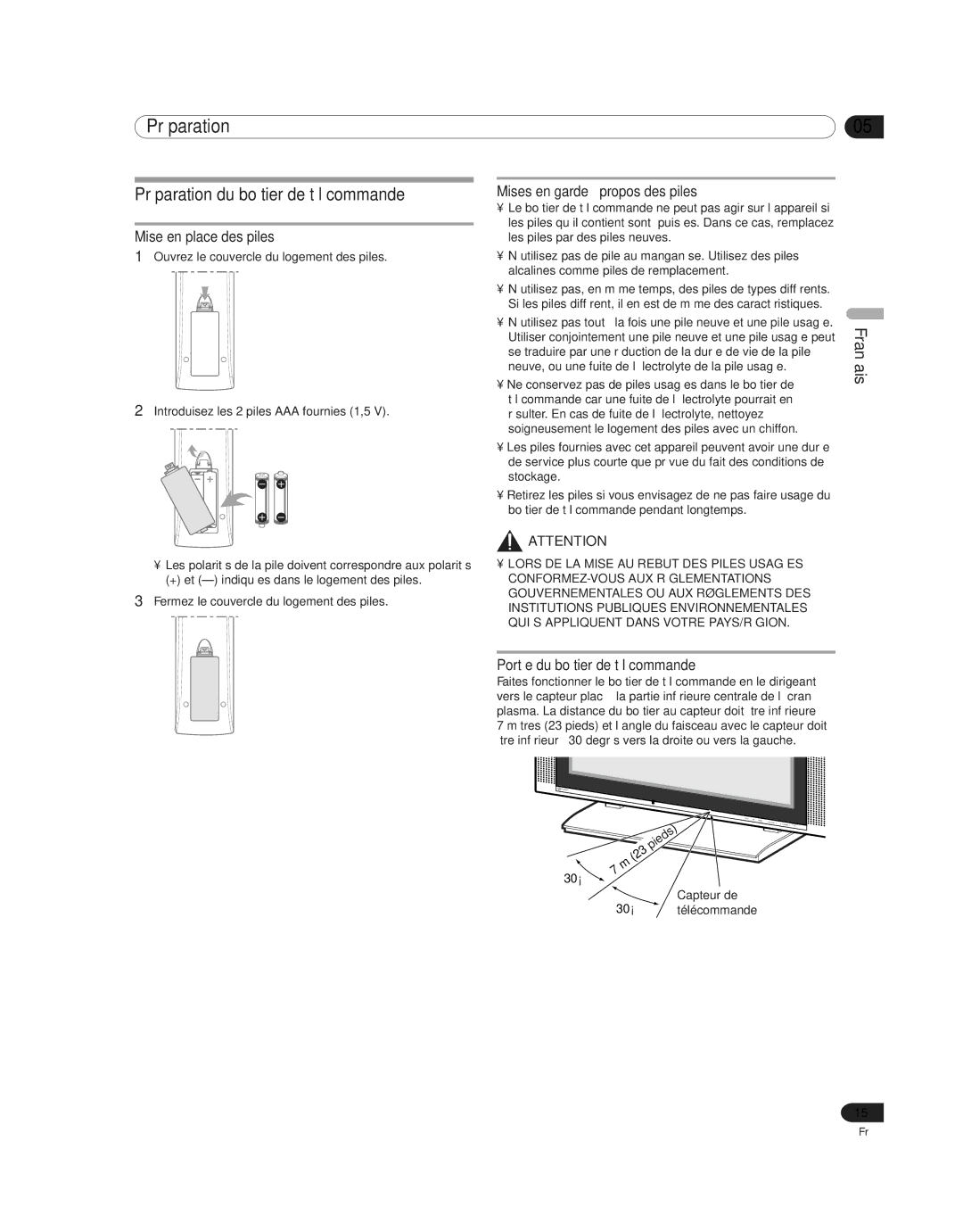 Pioneer PDP-4214HD Préparation du boîtier de télécommande, Mise en place des piles, Mises en garde à propos des piles 